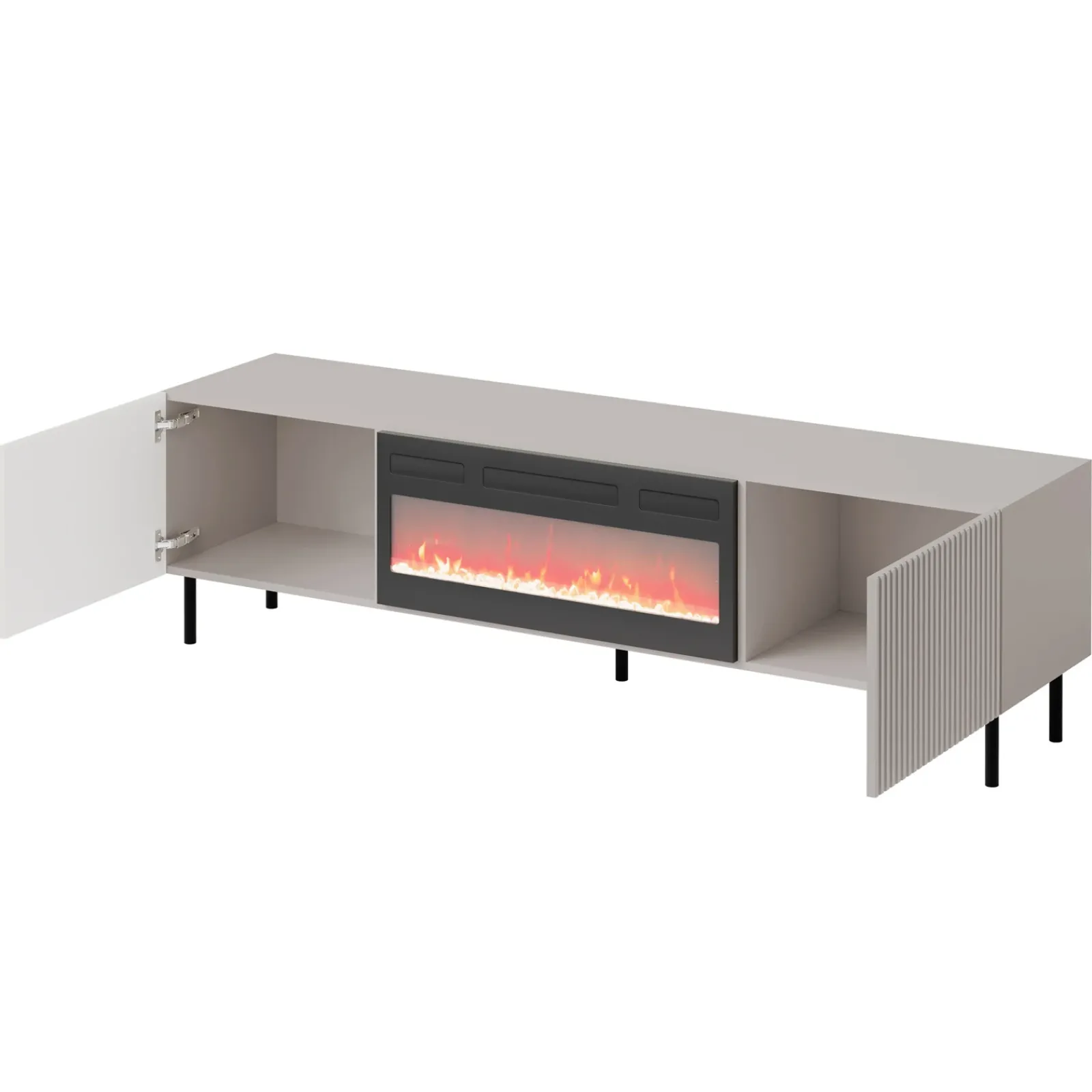 Garnero Arredamenti Camino Elettrico|Mobile Tv Basso-Mobile porta TV 181x53h cm 2 ante con caminetto con frontali cannettati beige Ziggy