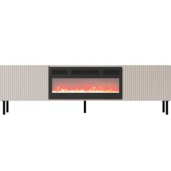 Garnero Arredamenti Camino Elettrico|Mobile Tv Basso-Mobile porta TV 181x53h cm 2 ante con caminetto con frontali cannettati beige Ziggy