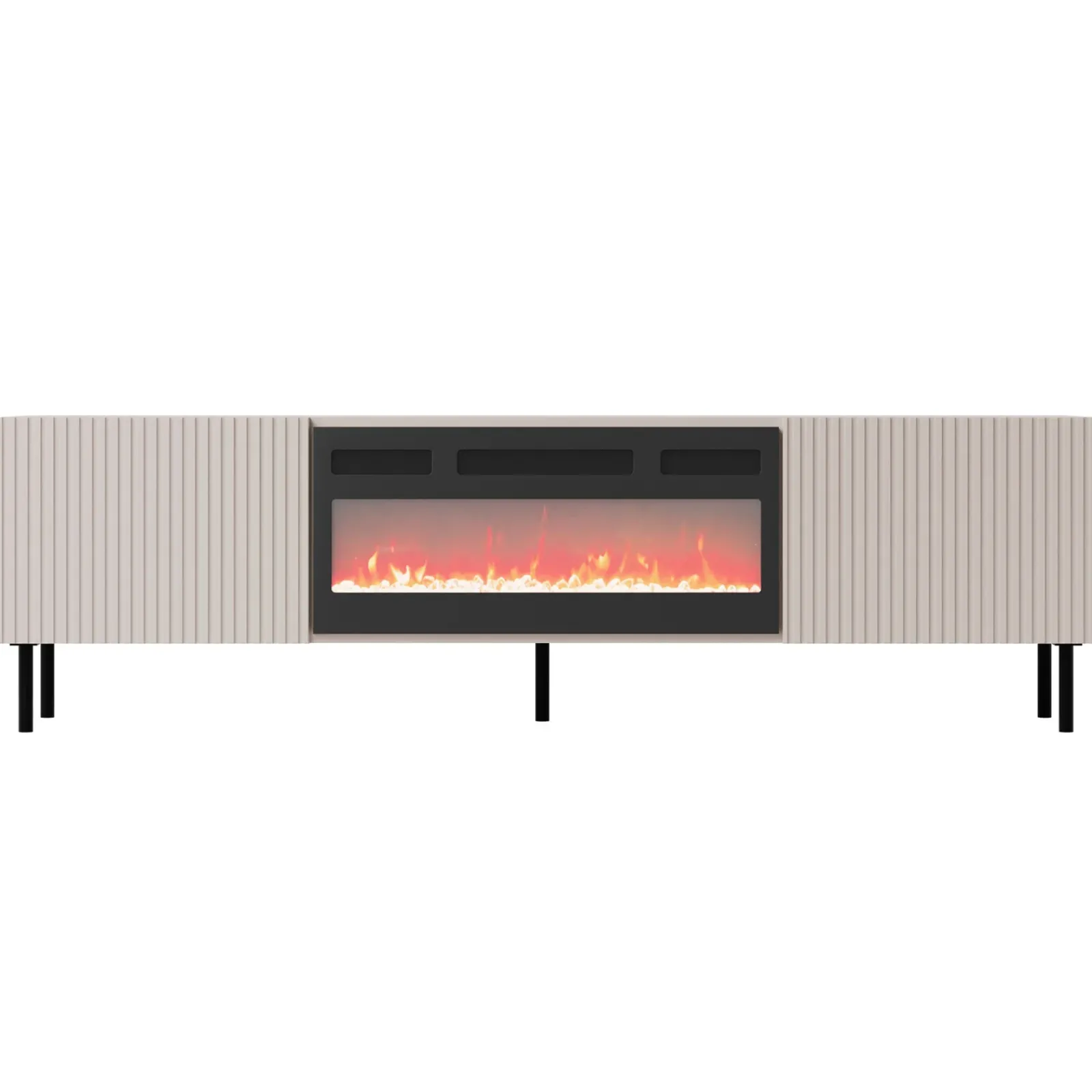 Garnero Arredamenti Camino Elettrico|Mobile Tv Basso-Mobile porta TV 181x53h cm 2 ante con caminetto con frontali cannettati beige Ziggy