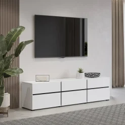 Garnero Arredamenti Mobile Tv Basso|Mobili Tv Moderni-Mobile porta TV 180x48h cm 3 ante a ribalta 3 cassetti nero Lolla Bianco Opaco