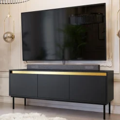 Garnero Arredamenti Mobile Tv Basso-Mobile porta TV 150x60h cm 3 ante nero oro Praga Nero Opaco - Oro