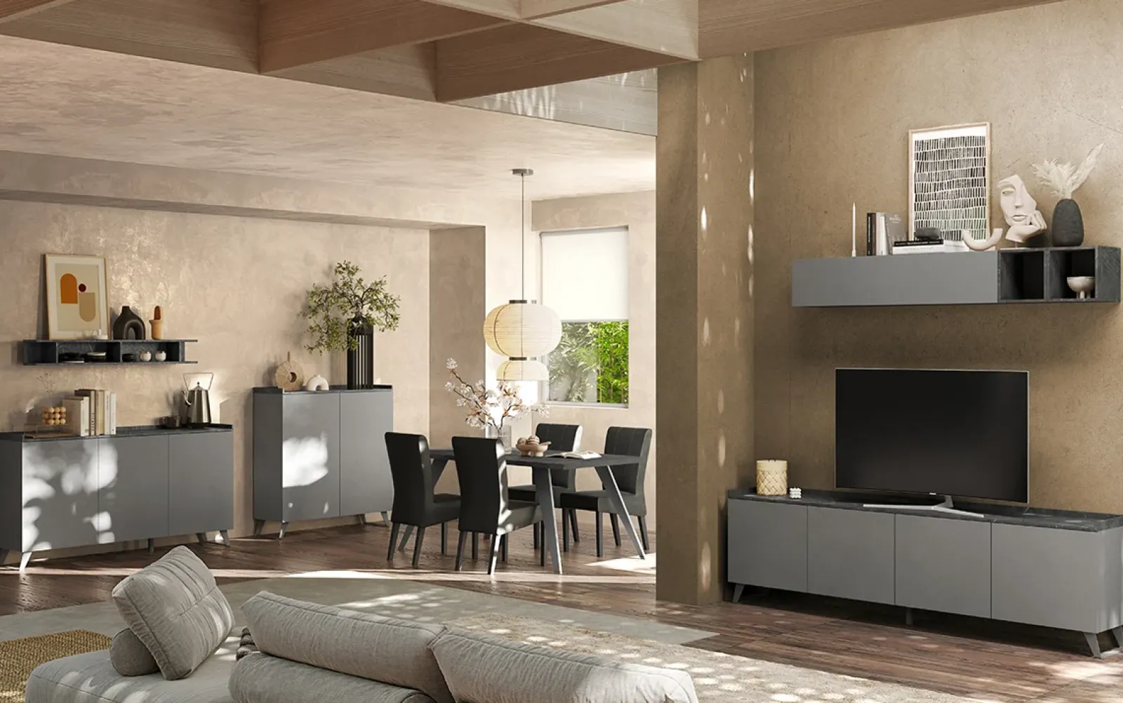Garnero Arredamenti Mobile Tv Basso|Mobili Tv Moderni-Mobile porta TV 241x72h cm 4 ante grigio scuro antracite Jonson Ossido - Grigio