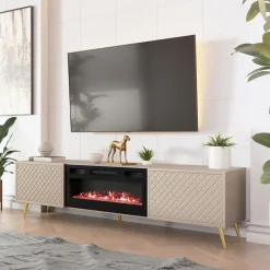 Garnero Arredamenti Camino Elettrico|Mobile Tv Basso-Mobile porta TV 197x52h cm 2 ante con caminetto frontali decorati beige nero Simona