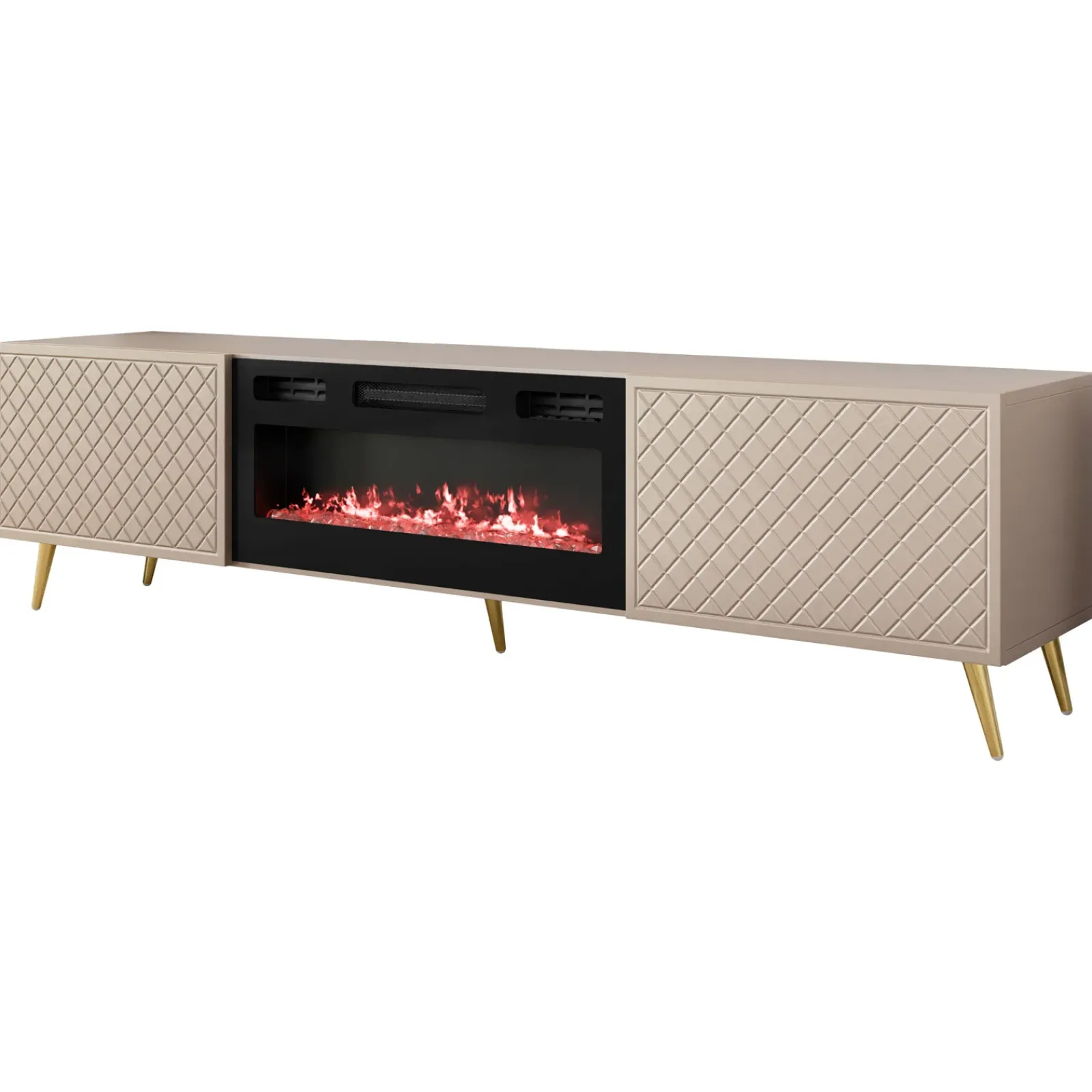 Garnero Arredamenti Camino Elettrico|Mobile Tv Basso-Mobile porta TV 197x52h cm 2 ante con caminetto frontali decorati beige nero Simona