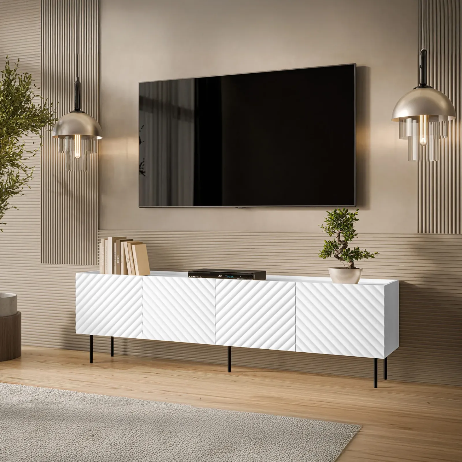 Garnero Arredamenti Mobile Tv Basso-Mobile porta TV 200x59h cm 4 ante con frontali decorati bianco Daniele Bianco Opaco