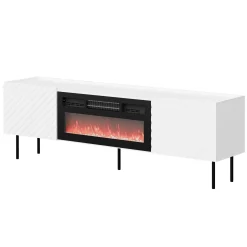 Garnero Arredamenti Camino Elettrico|Mobile Tv Basso-Mobile porta TV 181x59h cm 2 ante con caminetto con frontali decorati bianco Daniele Bianco Opaco