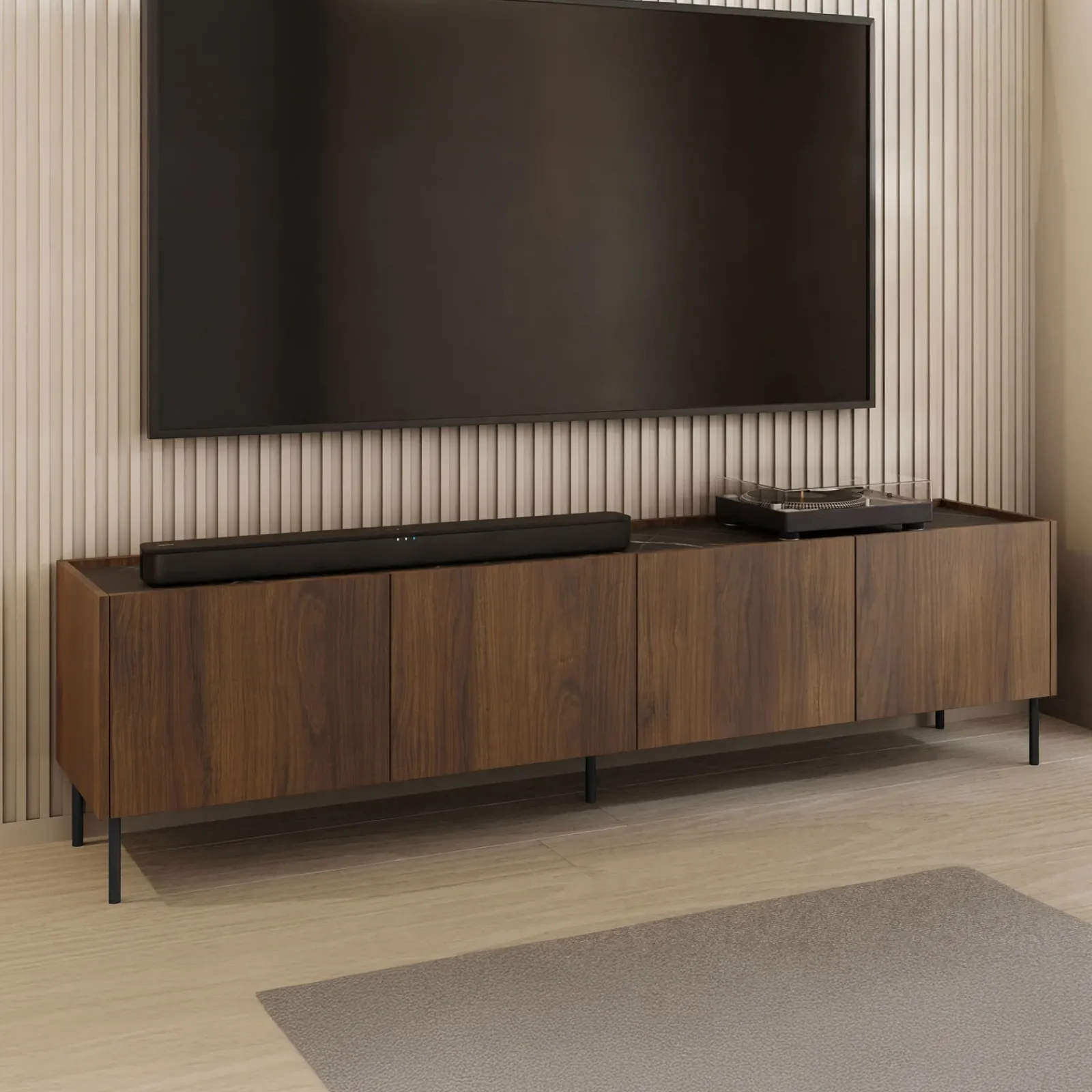 Garnero Arredamenti Mobili Tv Moderni|Mobile Tv Moderno-Mobile porta TV 200x50h cm 4 ante piano effetto marmo nero noce Caliva