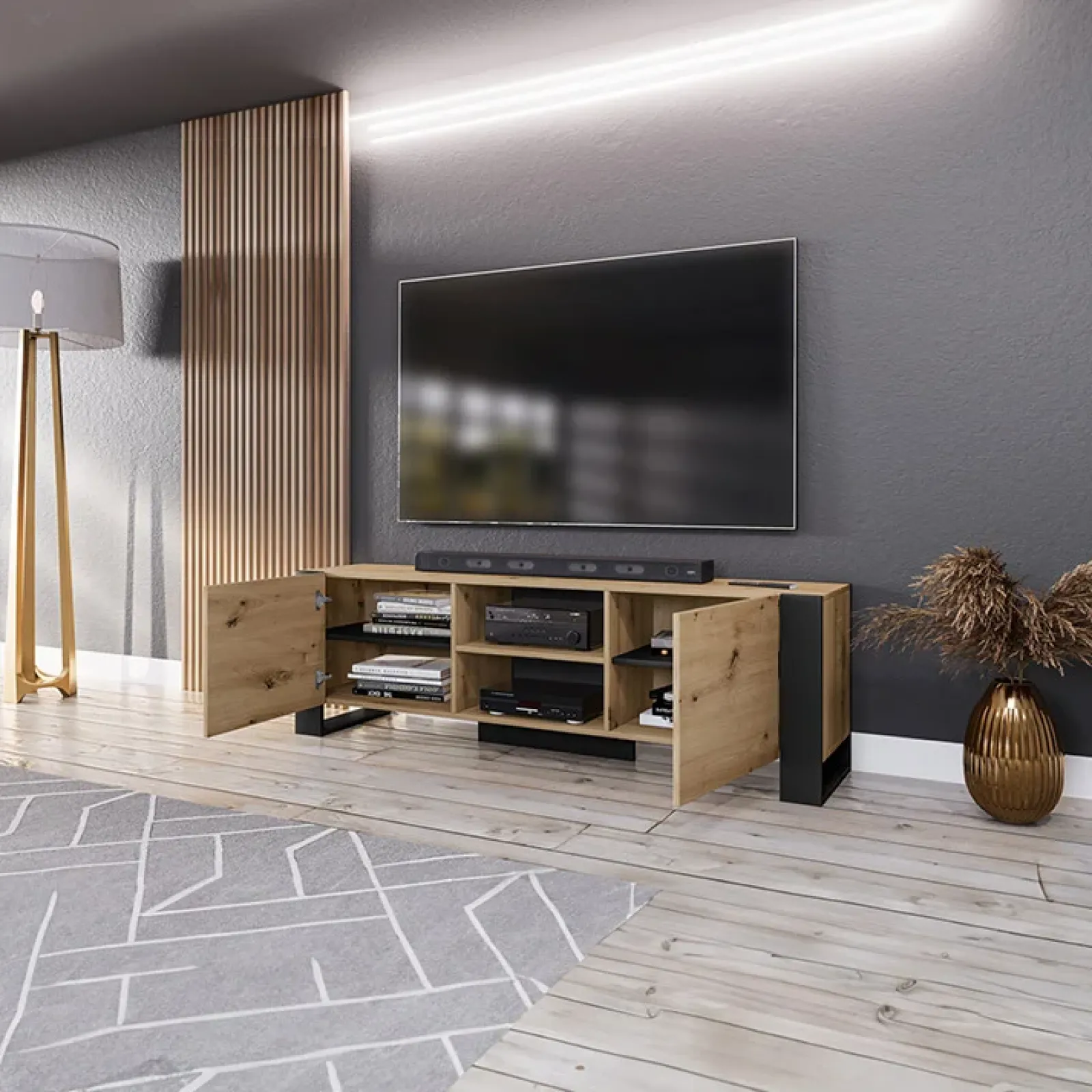 Garnero Arredamenti Mobile Tv Basso|Mobili Tv Moderni-Mobile porta TV 160x51h cm 2 ante rovere nero Elbrus