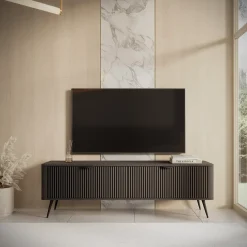 Garnero Arredamenti Mobile Tv Basso-Mobile porta TV 163x51h cm 2 ante cannettato Ramis Nero Opaco