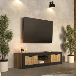 Garnero Arredamenti Mobili Tv Moderni|Mobile Tv Moderno-Mobile porta tv 180x43h cm 2 ante rovere rustico nero Ilyssa