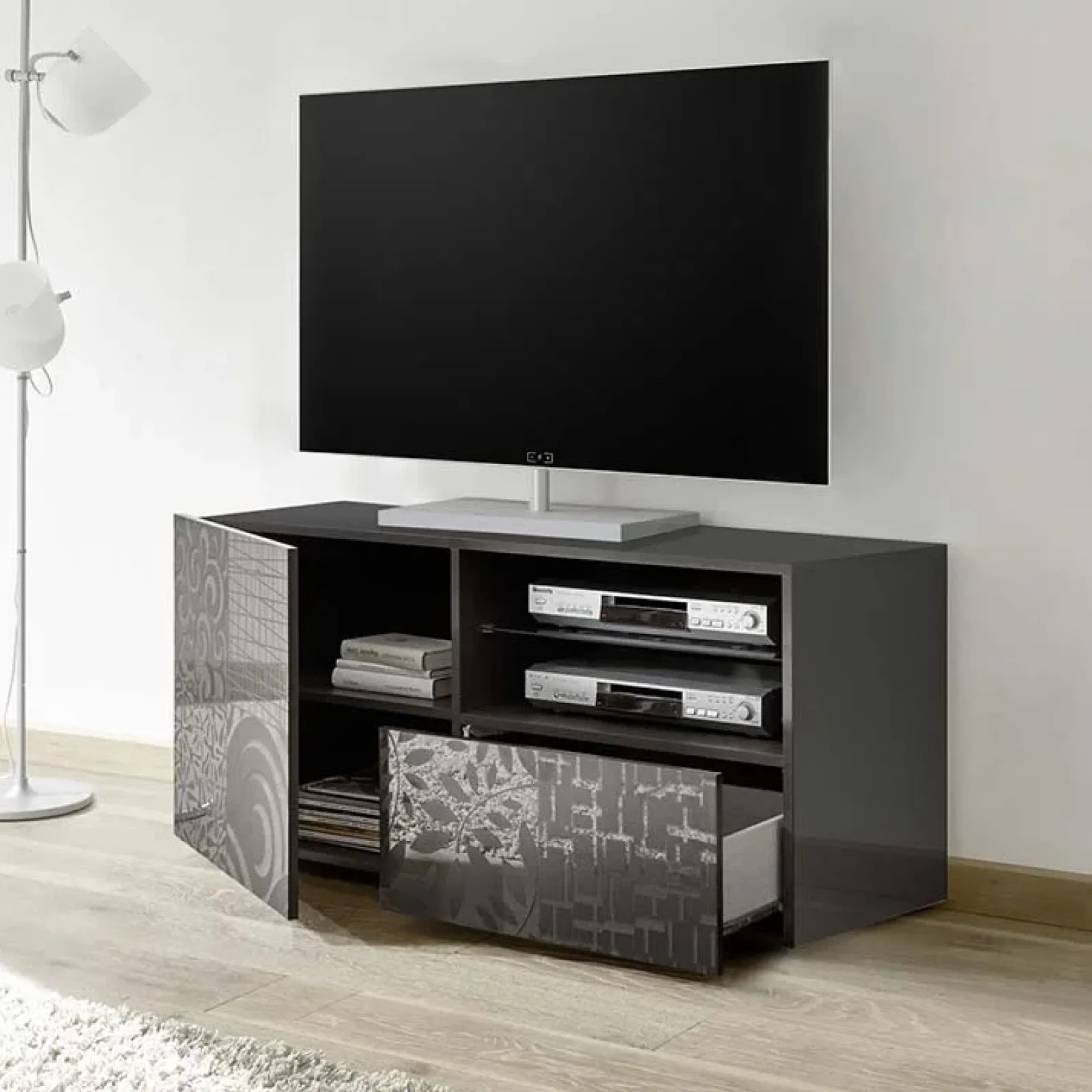 Garnero Arredamenti Mobile Tv Basso|Mobili Tv Moderni-Mobile porta TV 122x57h cm 1 anta 1 cassetto grigio Paradise Antracite