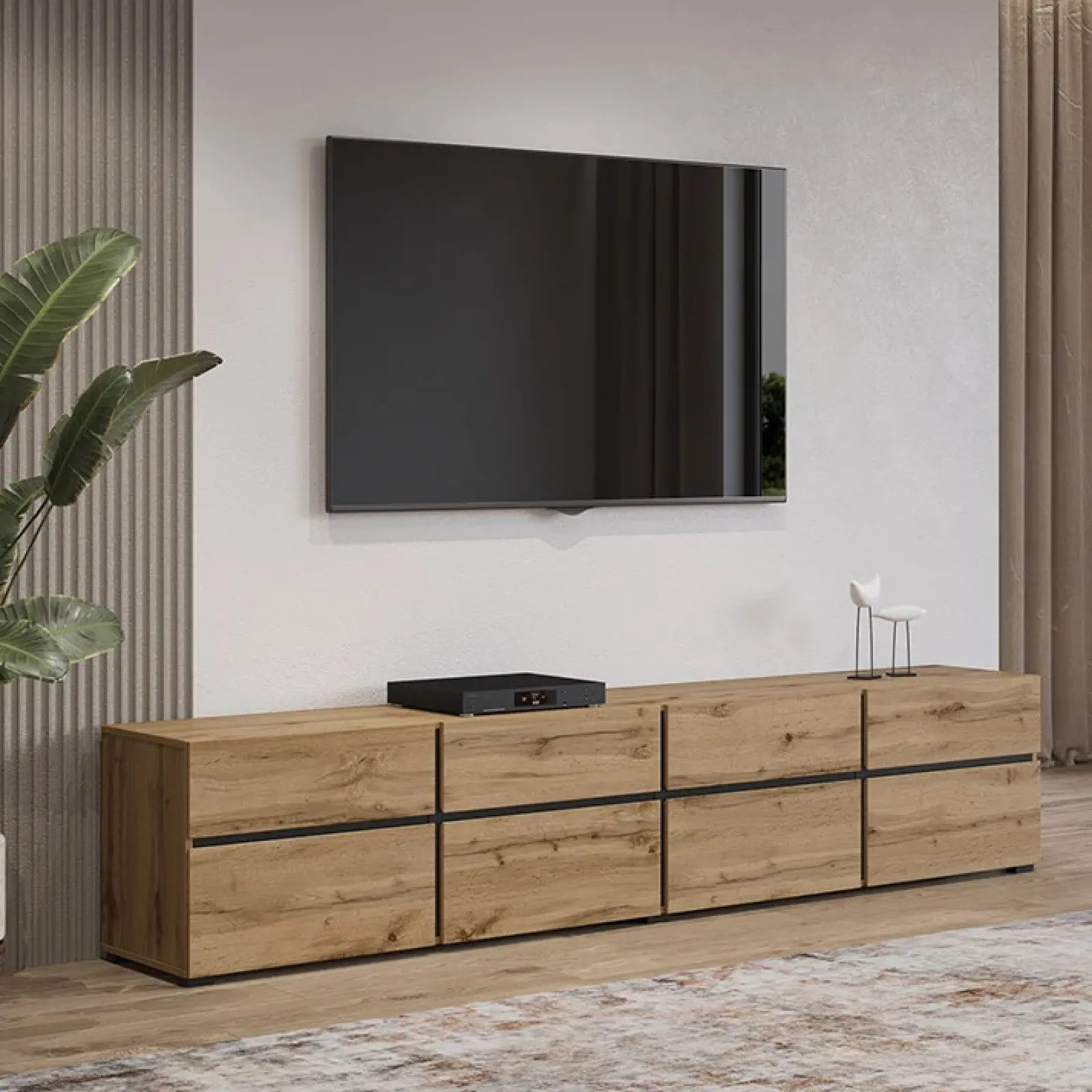Garnero Arredamenti Mobile Tv Basso|Mobili Tv Moderni-Mobile porta TV 225x48h cm 4 ante a ribalta 4 cassetti moderno nero Lolla Rovere