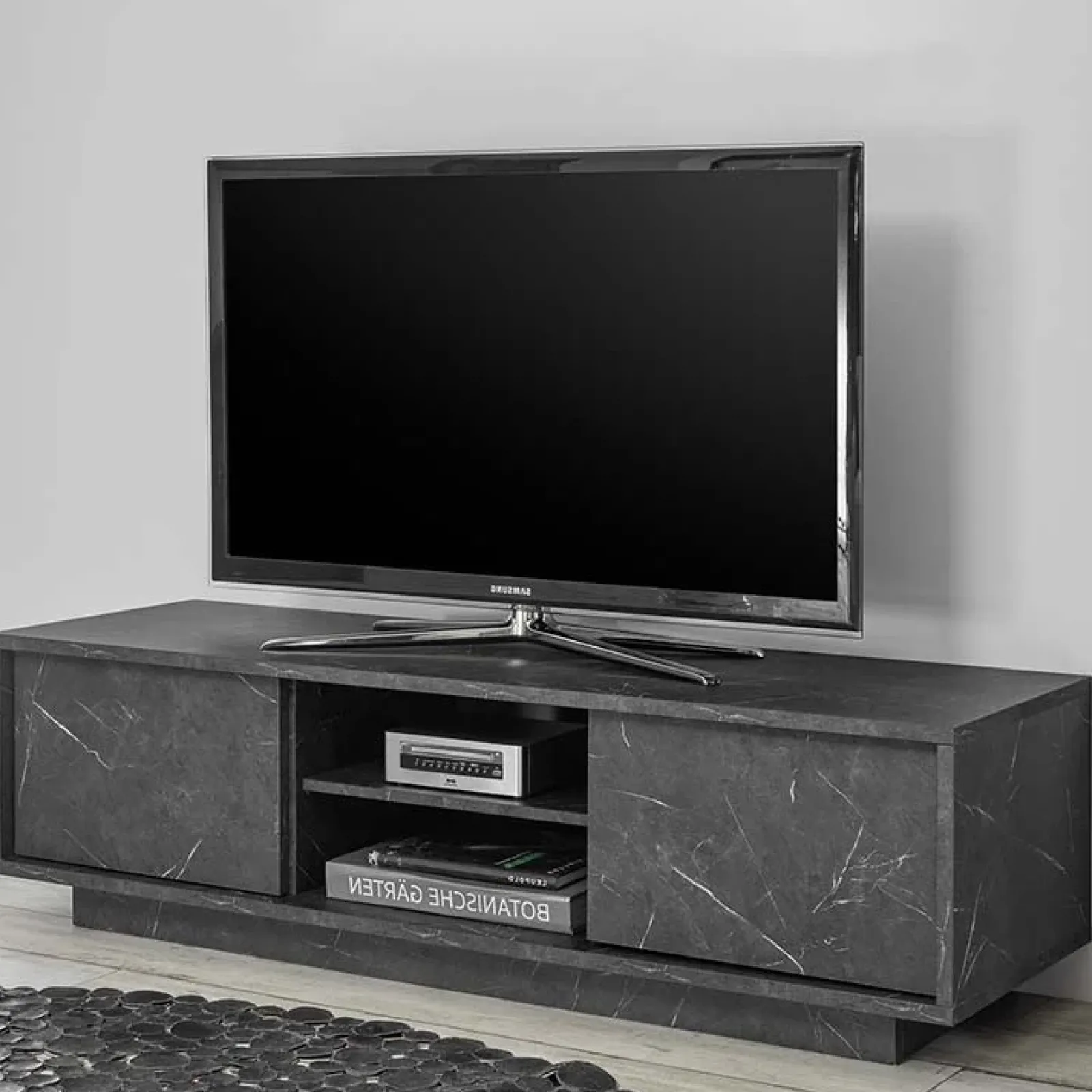 Garnero Arredamenti Mobile Tv Basso|Mobili Tv Moderni-Mobile porta TV 139x44h cm 2 ante soggiorno effetto Viking Marmo Nero