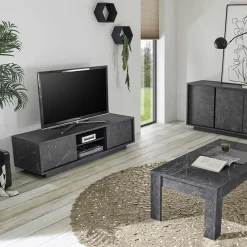 Garnero Arredamenti Mobile Tv Basso|Mobili Tv Moderni-Mobile porta TV 139x44h cm 2 ante soggiorno effetto Viking Marmo Nero