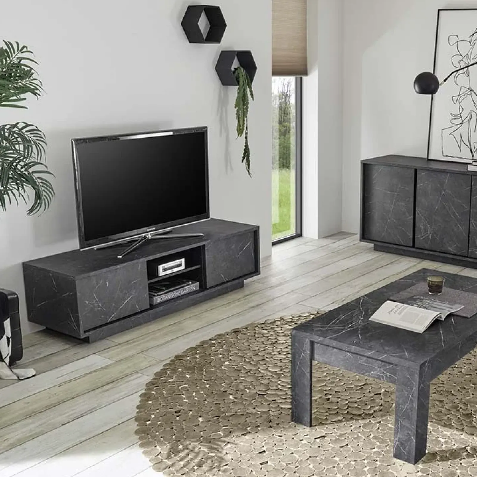 Garnero Arredamenti Mobile Tv Basso|Mobili Tv Moderni-Mobile porta TV 139x44h cm 2 ante soggiorno effetto Viking Marmo Nero