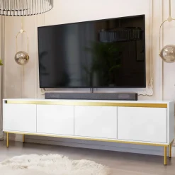 Garnero Arredamenti Mobile Tv Basso-Mobile porta TV 200x60h cm 4 ante bianco oro Praga