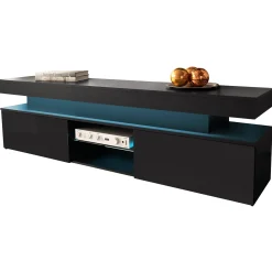 Garnero Arredamenti Mobile Tv Basso|Mobili Tv Moderni-Mobile porta TV 190x54h cm 2 ante con LED nero Lumus Nero Lucido