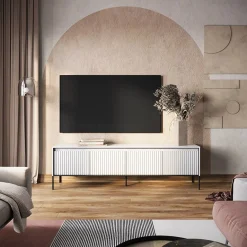 Garnero Arredamenti Mobili Tv Moderni|Mobile Tv Moderno-Mobile porta TV 193x56h cm 4 ante led cannettato nero Camelia Bianco Opaco