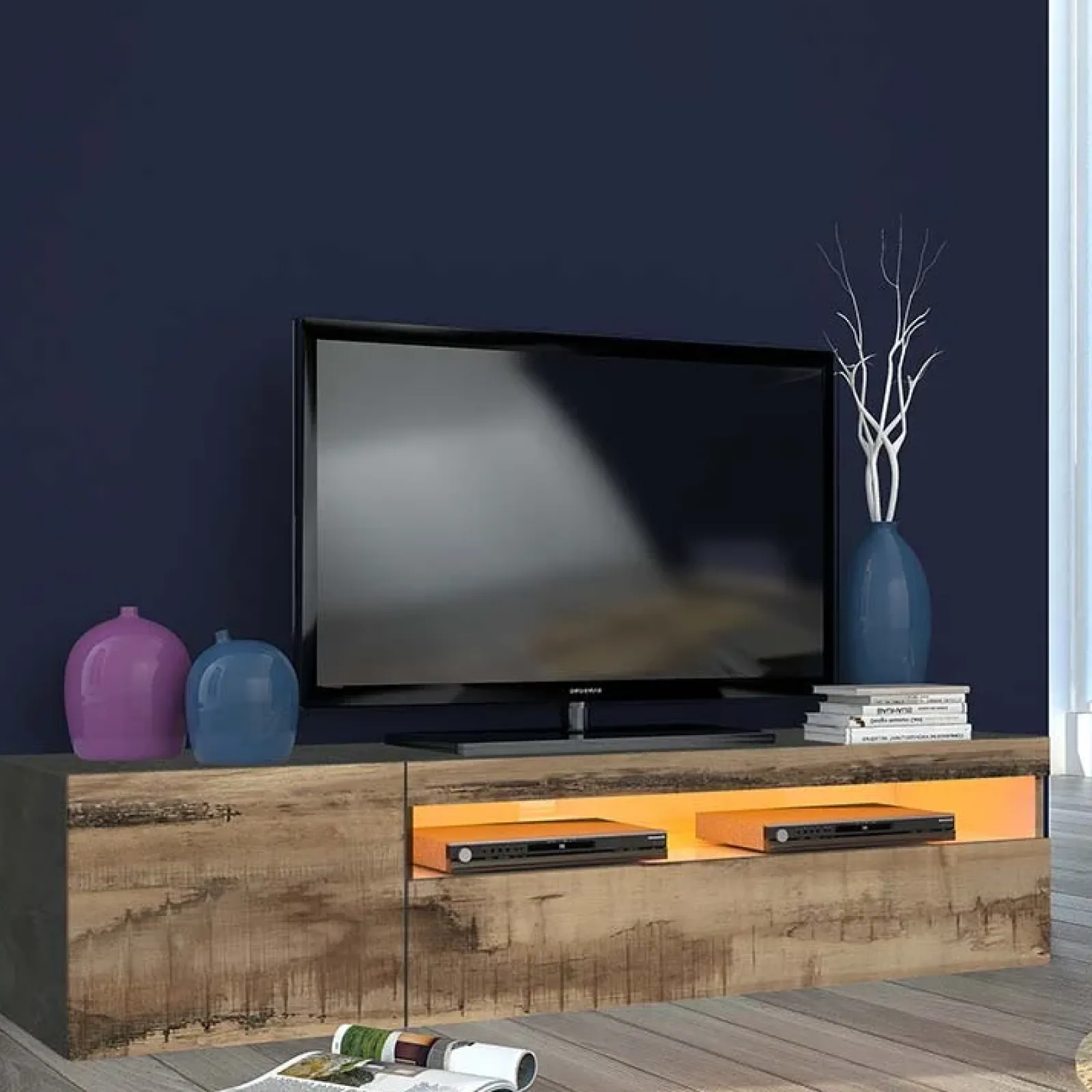 Garnero Arredamenti Mobile Tv In Legno|Mobile Tv Basso-Mobile porta TV 155x37h cm 1 anta ardesia acero Light Small Gihome® Rovere - Antracite