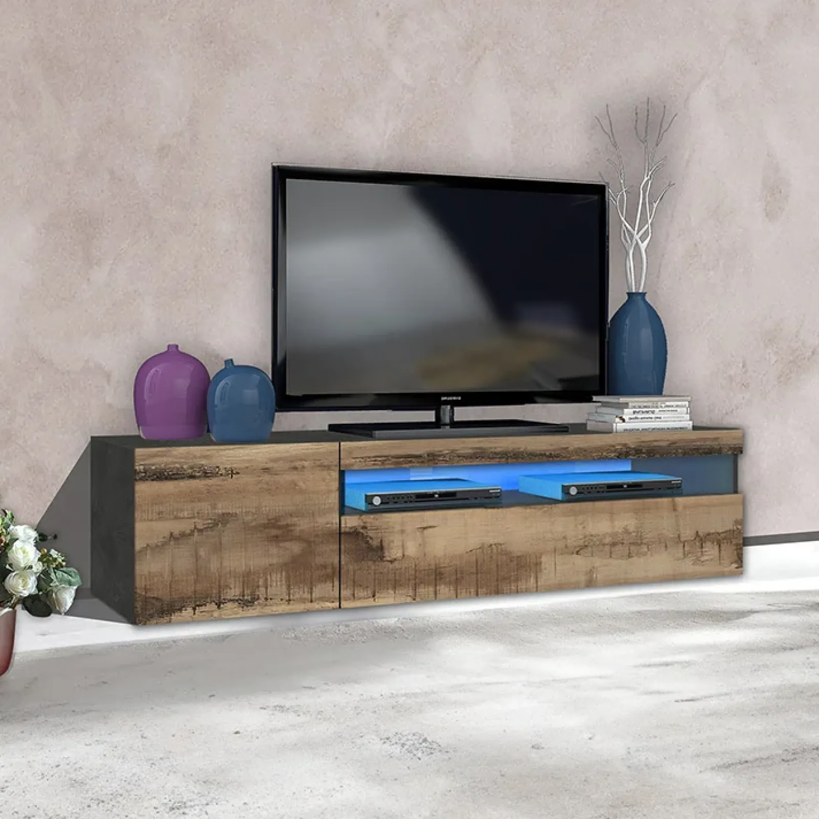 Garnero Arredamenti Mobile Tv In Legno|Mobile Tv Basso-Mobile porta TV 155x37h cm 1 anta ardesia acero Light Small Gihome® Rovere - Antracite