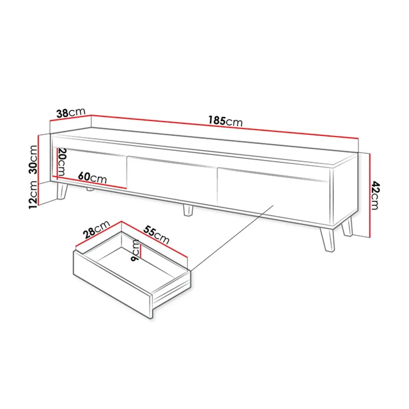 Garnero Arredamenti Mobile Tv Basso|Mobili Tv Moderni-Mobile porta TV 185x42h cm 3 cassetti rovere antracite Salisburgo