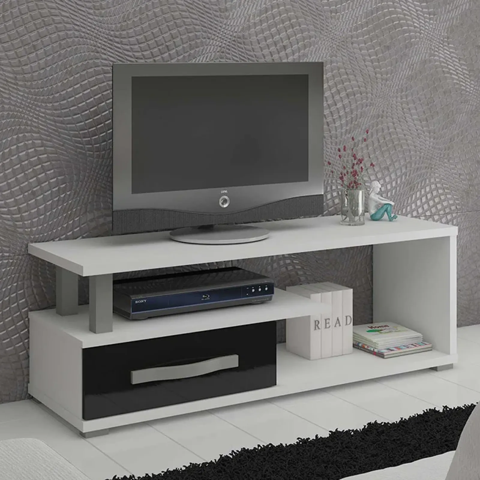 Garnero Arredamenti Mobile Tv Basso|Mobili Tv Moderni-Mobile porta TV 118x43h cm 1 cassetto biaco opaco nero lucido Eddy