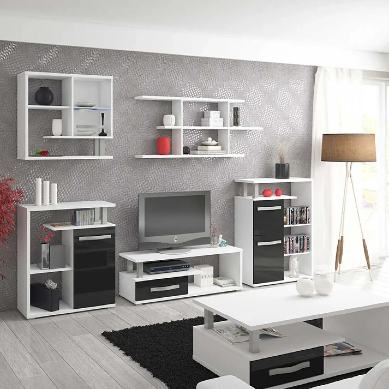 Garnero Arredamenti Mobile Tv Basso|Mobili Tv Moderni-Mobile porta TV 118x43h cm 1 cassetto biaco opaco nero lucido Eddy