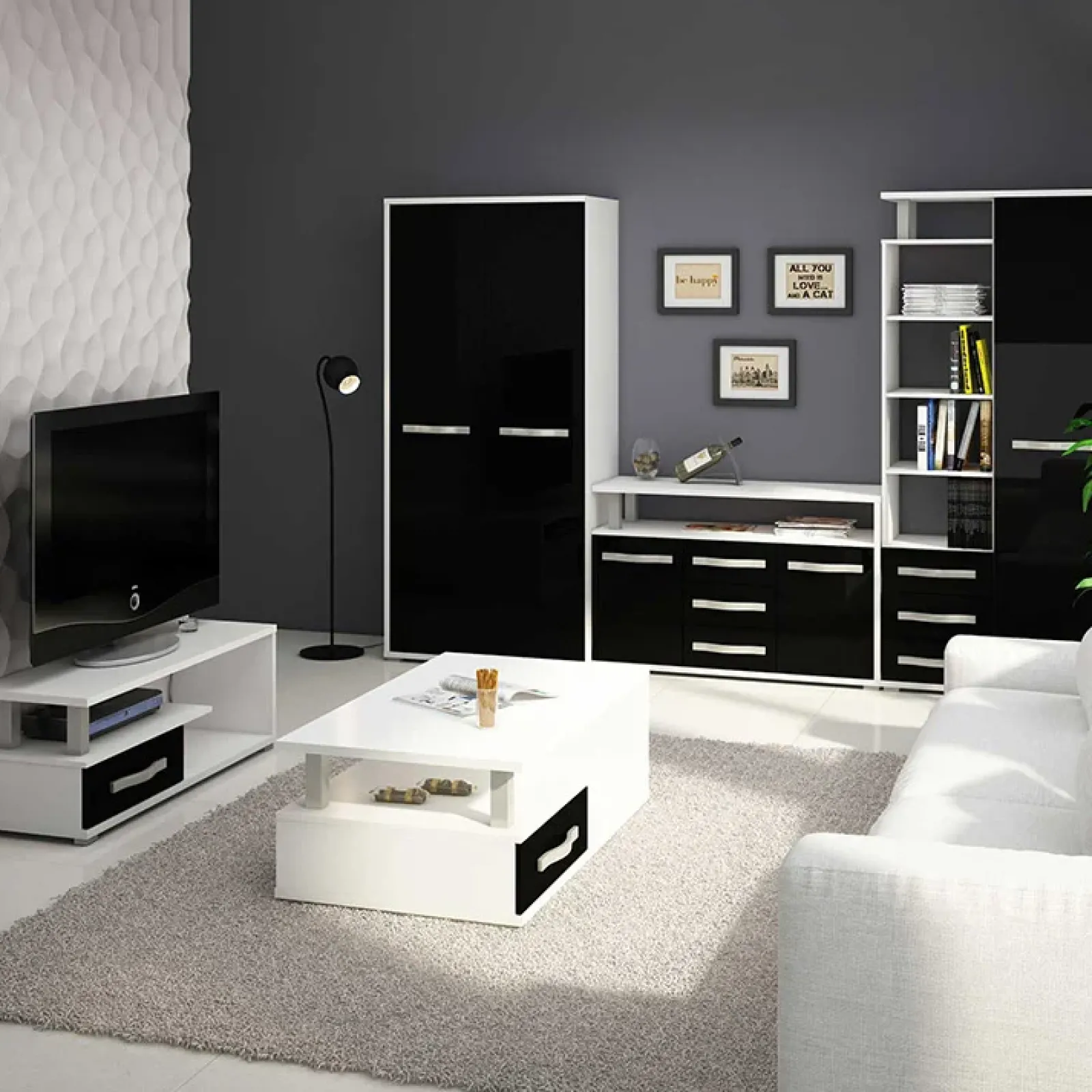 Garnero Arredamenti Mobile Tv Basso|Mobili Tv Moderni-Mobile porta TV 118x43h cm 1 cassetto biaco opaco nero lucido Eddy