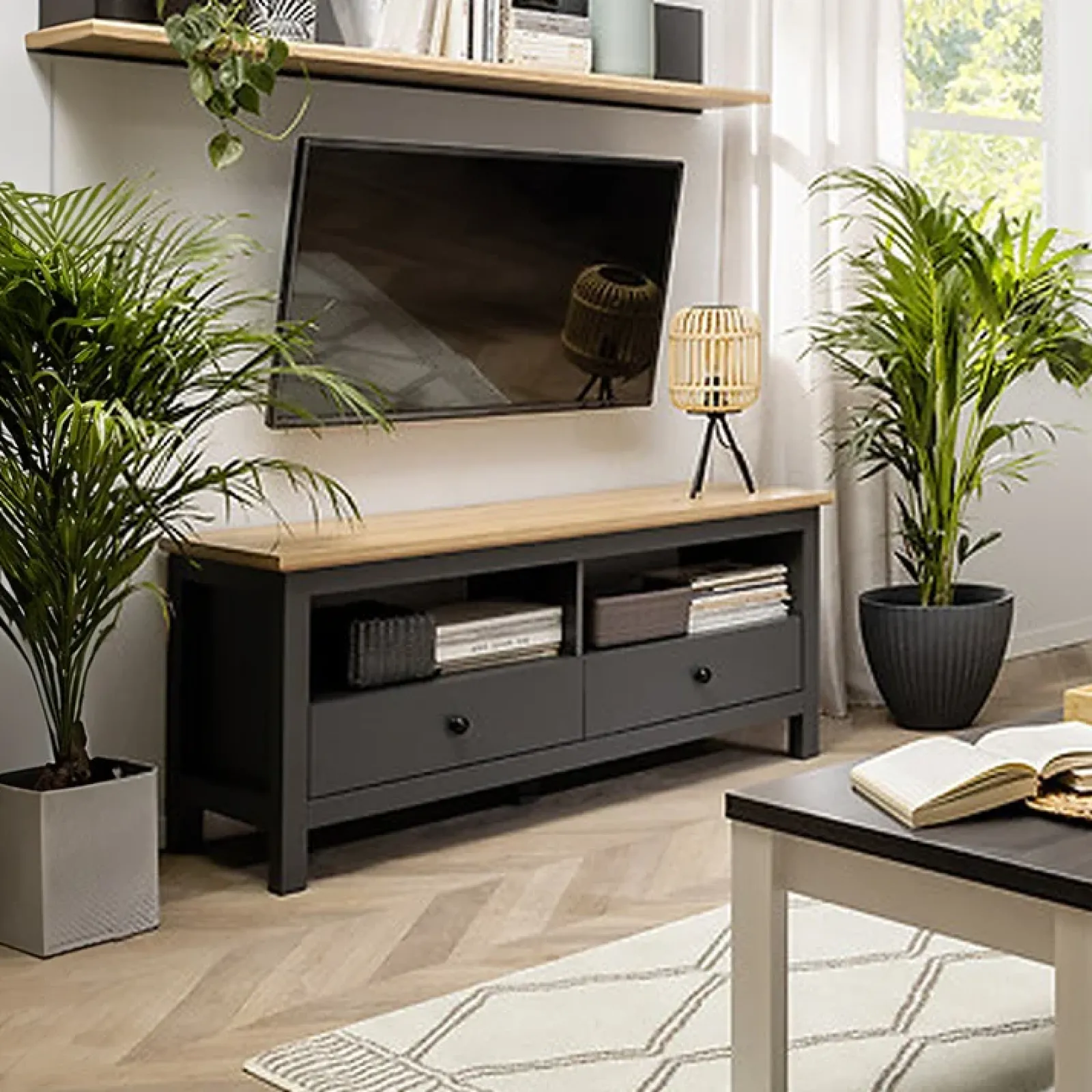 Garnero Arredamenti Mobili Tv Moderni|Mobile Tv Moderno-Mobile porta TV 137x59h cm 2 cassetti nero grafite rovere chiaro Holga Grafite - Rovere