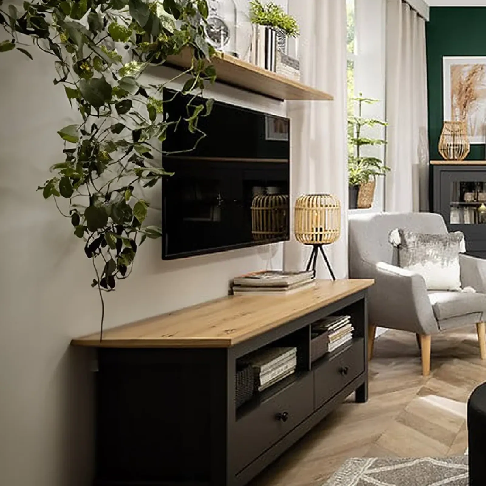 Garnero Arredamenti Mobili Tv Moderni|Mobile Tv Moderno-Mobile porta TV 137x59h cm 2 cassetti nero grafite rovere chiaro Holga Grafite - Rovere