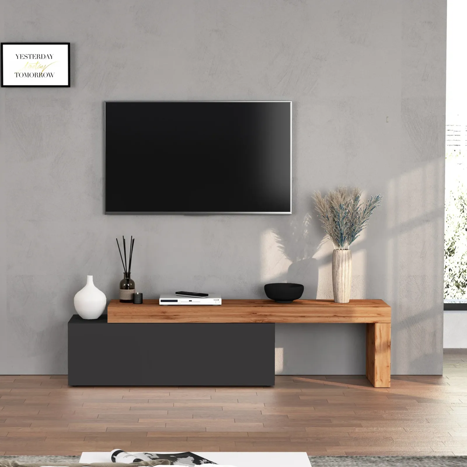 Garnero Arredamenti Mobile Tv Basso|Mobili Tv Moderni-Mobile porta tv 220x51h cm antracite rovere Block Antracite - Rovere