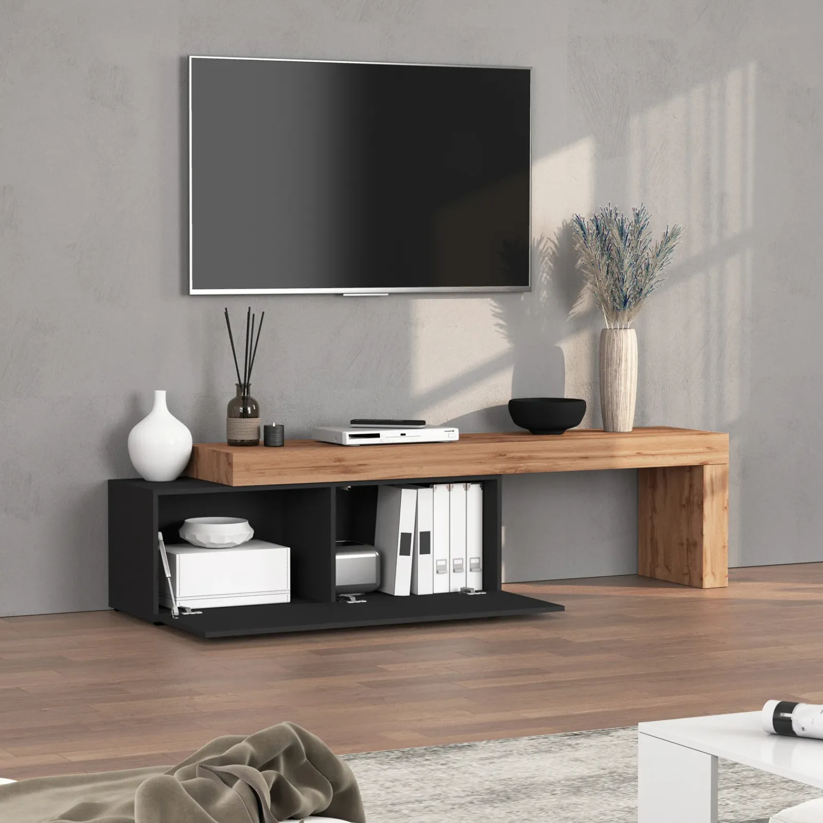 Garnero Arredamenti Mobile Tv Basso|Mobili Tv Moderni-Mobile porta tv 220x51h cm antracite rovere Block Antracite - Rovere