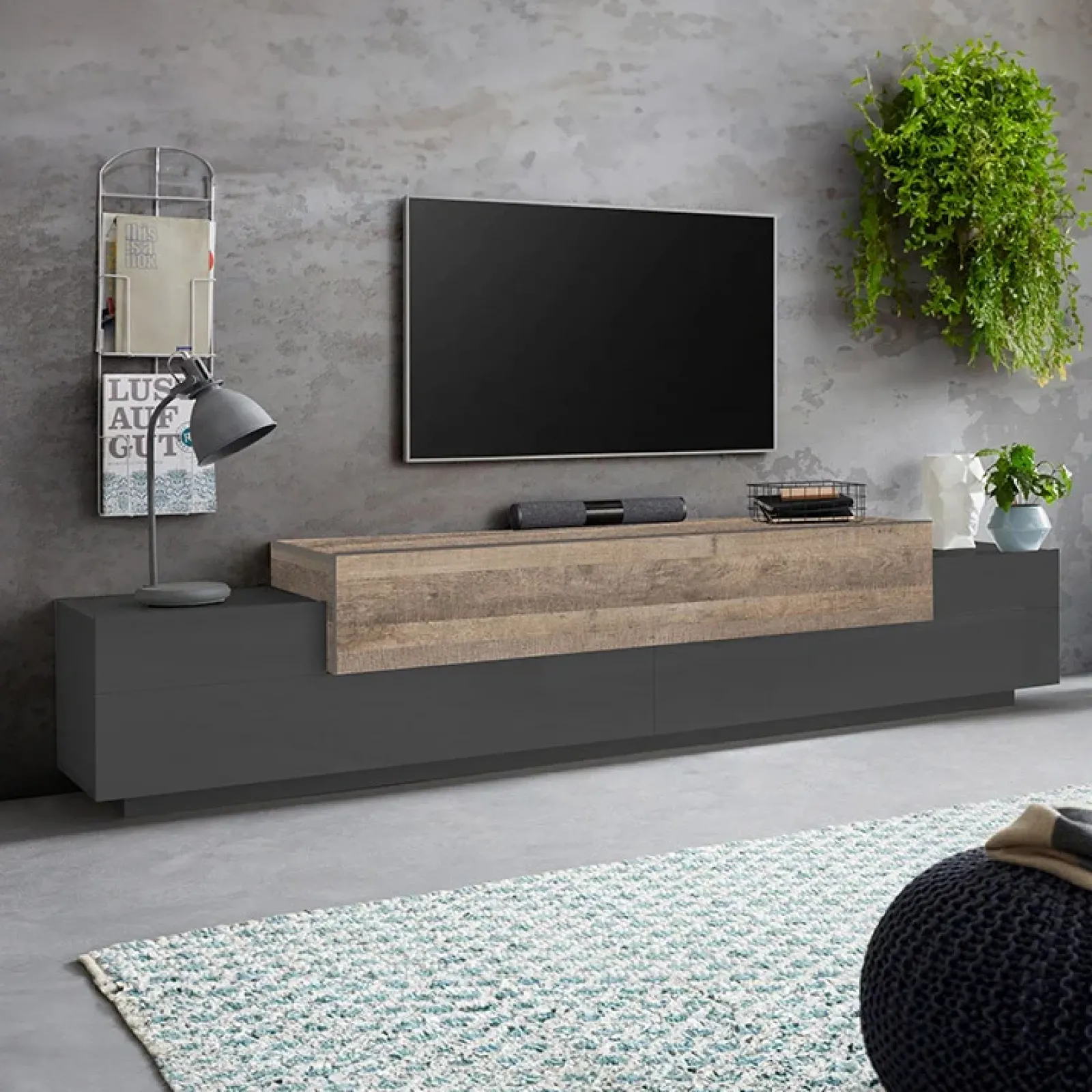 Garnero Arredamenti Mobile Tv Basso|Mobili Tv Moderni-Mobile porta TV 240x52h cm antracite rovere Milos Gihome® Antracite - Rovere Rustico