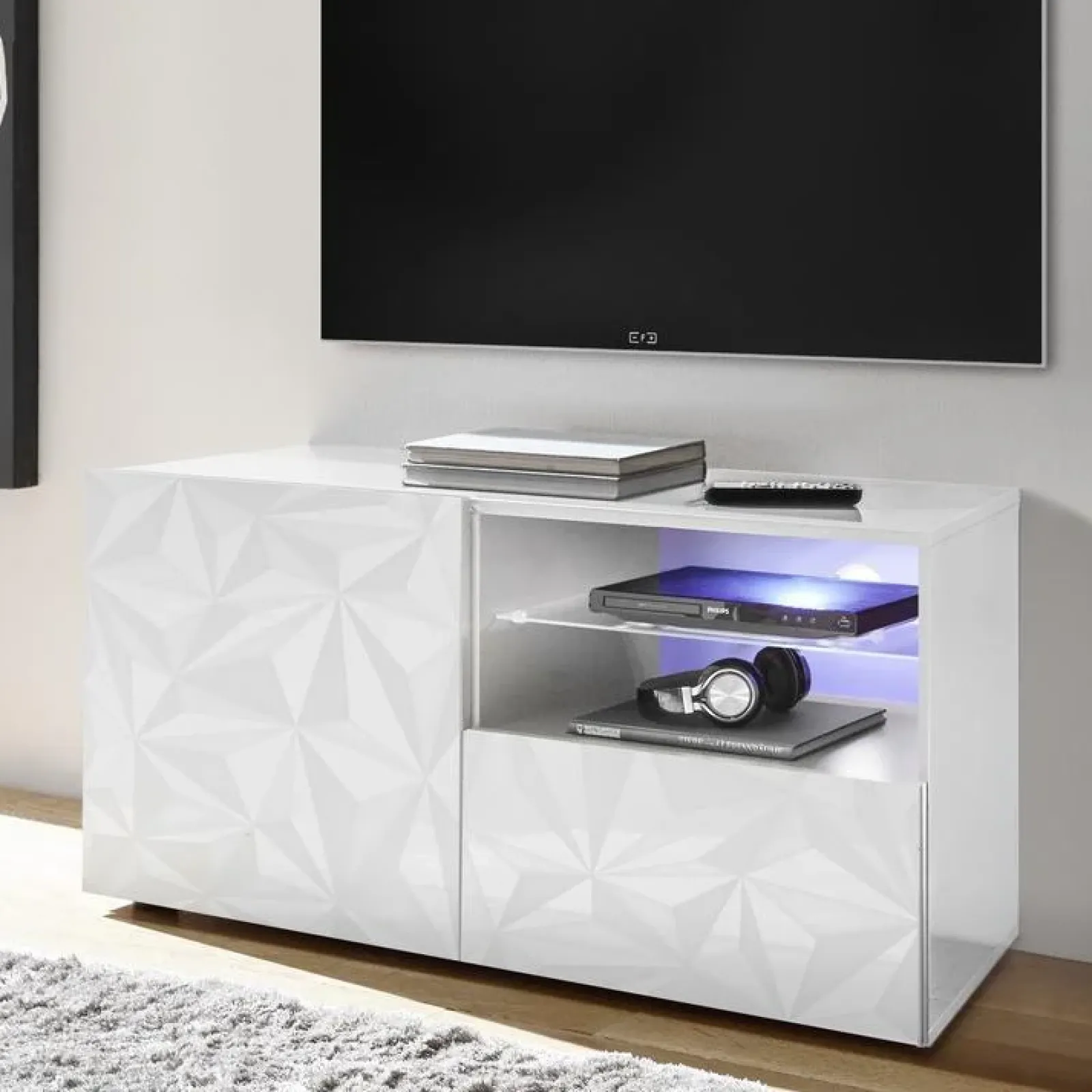 Garnero Arredamenti Mobile Tv Basso|Mobili Tv Moderni-Mobile porta TV 122x57h cm1 anta 1 cassetto bianco lucido con serigrafia Marvis