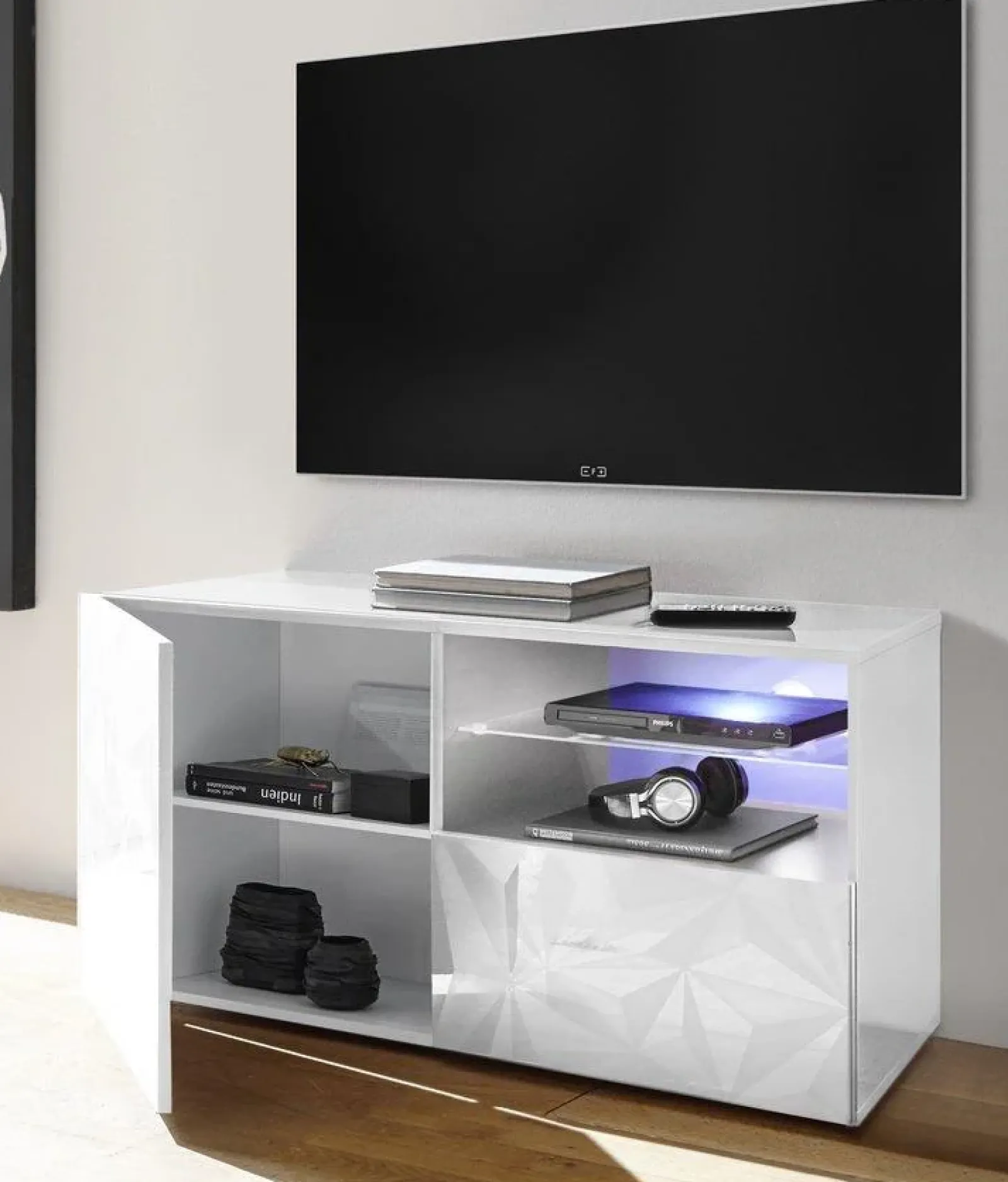 Garnero Arredamenti Mobile Tv Basso|Mobili Tv Moderni-Mobile porta TV 122x57h cm1 anta 1 cassetto bianco lucido con serigrafia Marvis
