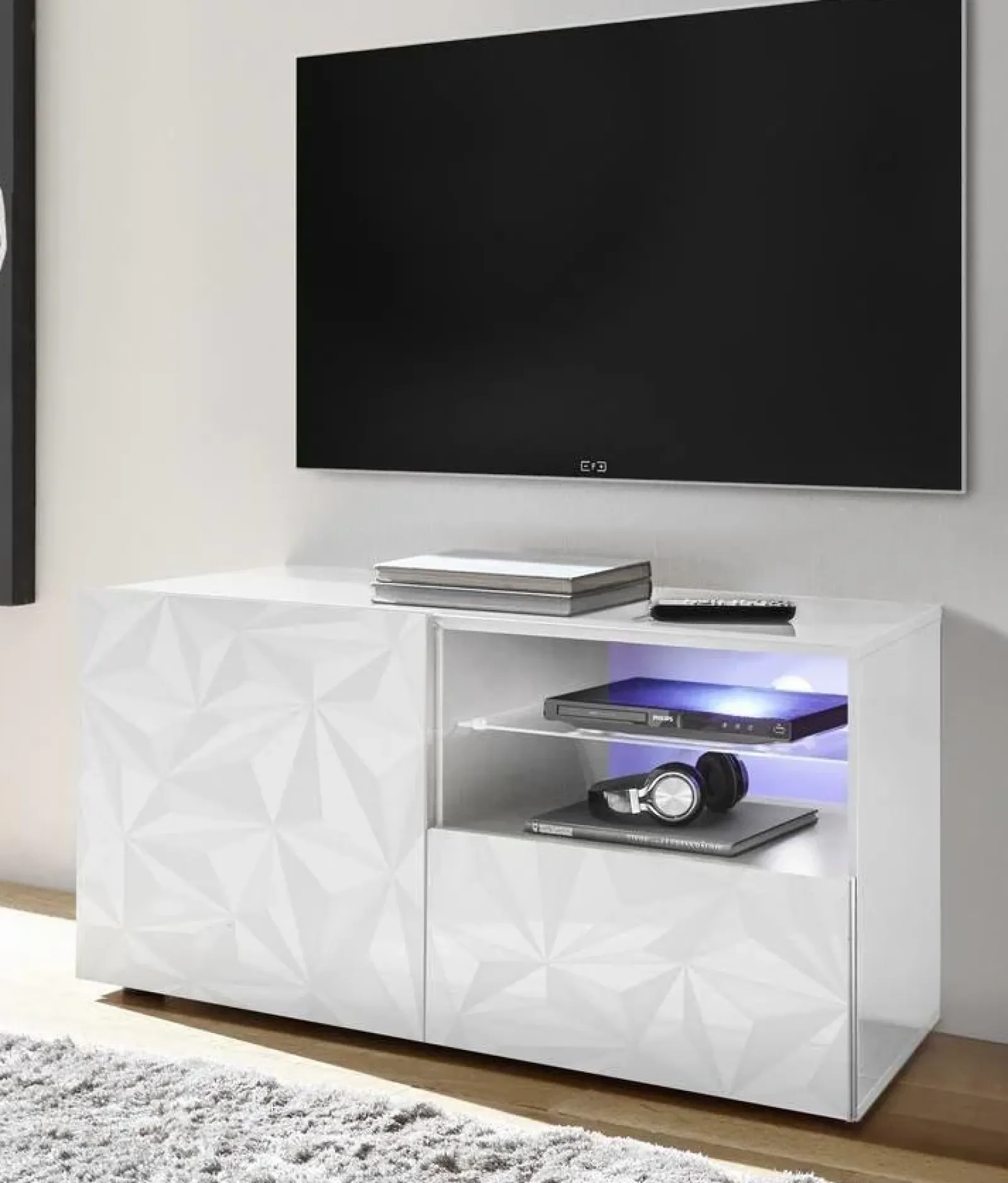 Garnero Arredamenti Mobile Tv Basso|Mobili Tv Moderni-Mobile porta TV 122x57h cm1 anta 1 cassetto bianco lucido con serigrafia Marvis