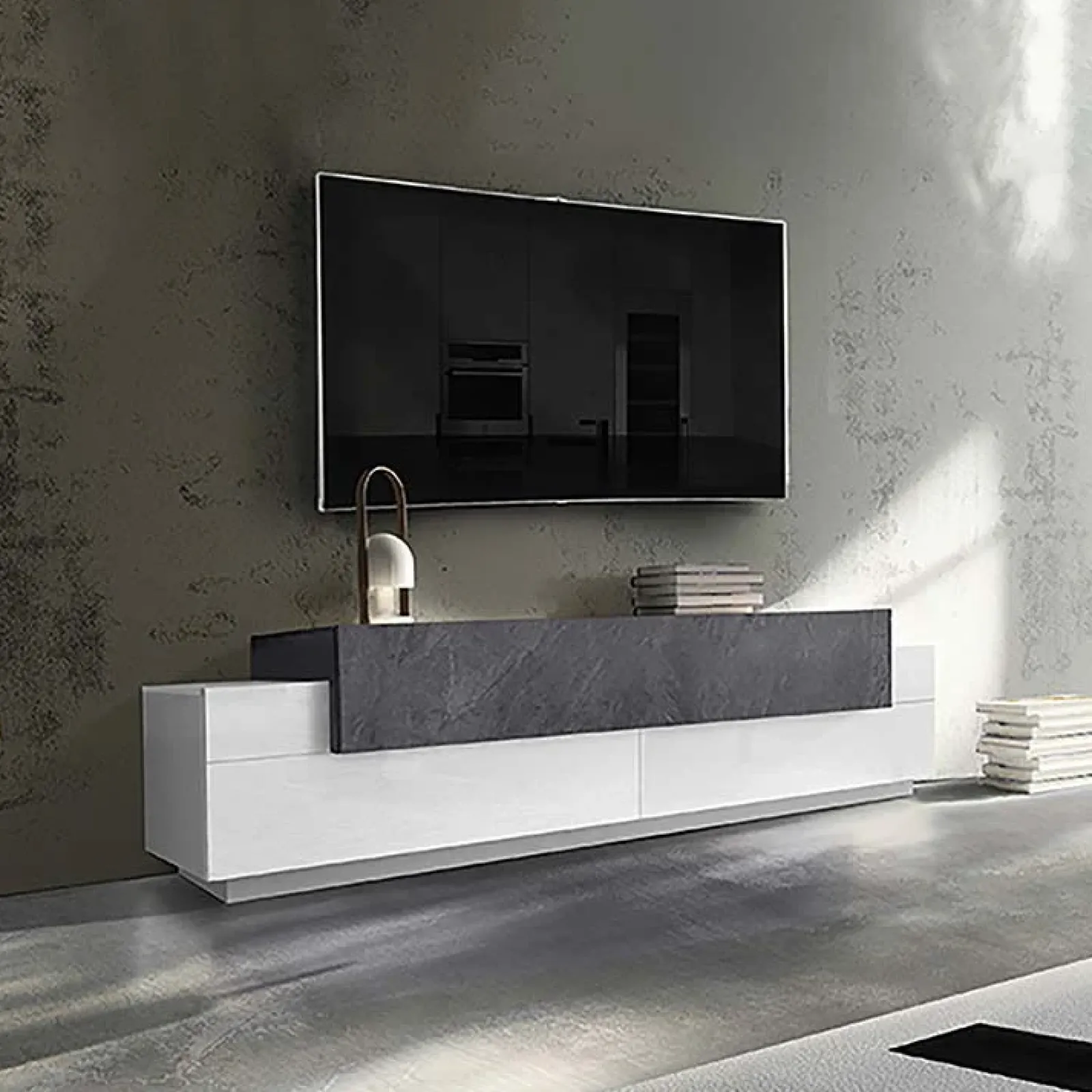 Garnero Arredamenti Mobile Tv Basso|Mobili Tv Moderni-Mobile porta TV 200x52h cm bianco lucido antracite Milos Gihome® Ossido - Bianco Lucido
