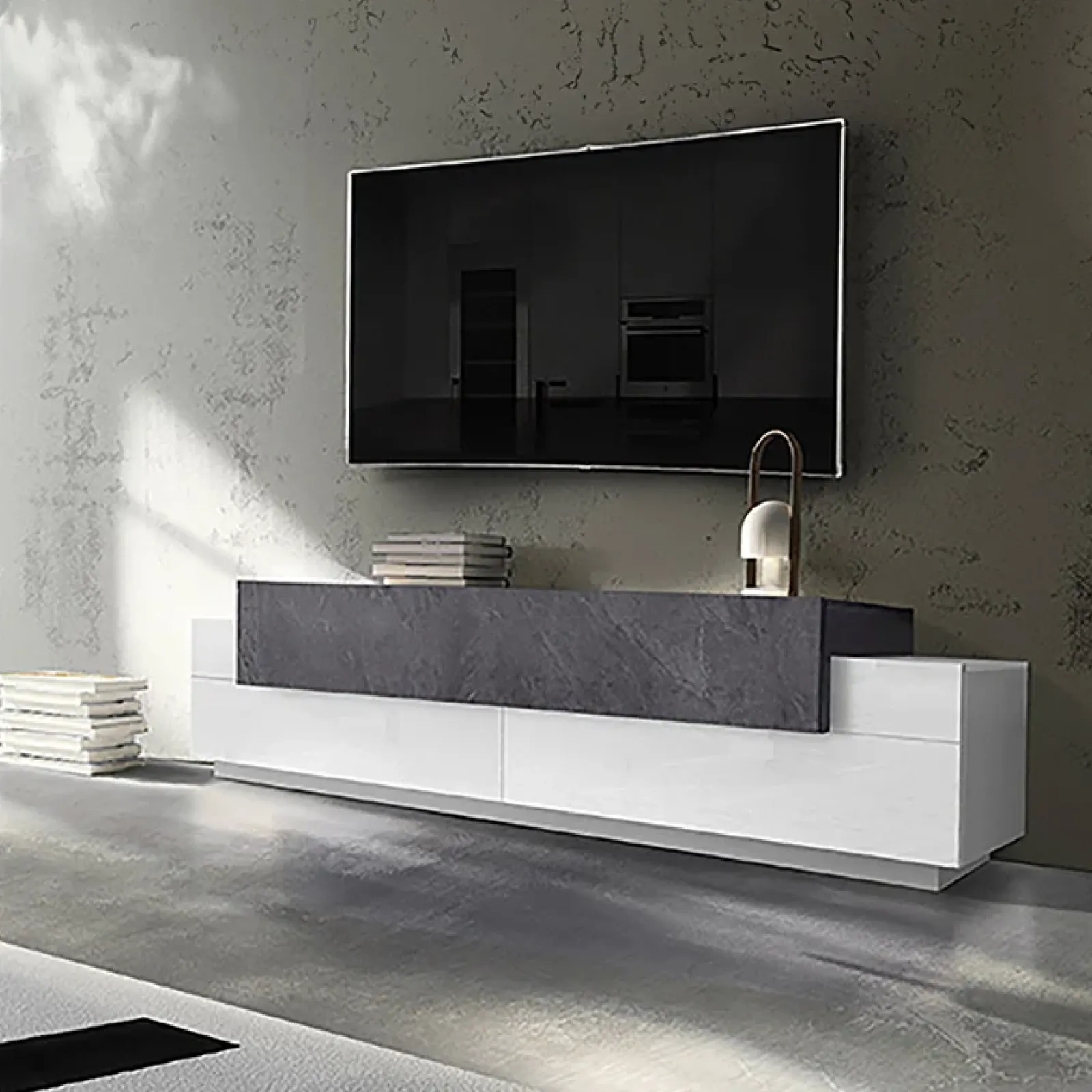 Garnero Arredamenti Mobile Tv Basso|Mobili Tv Moderni-Mobile porta TV 200x52h cm bianco lucido antracite Milos Gihome® Ossido - Bianco Lucido