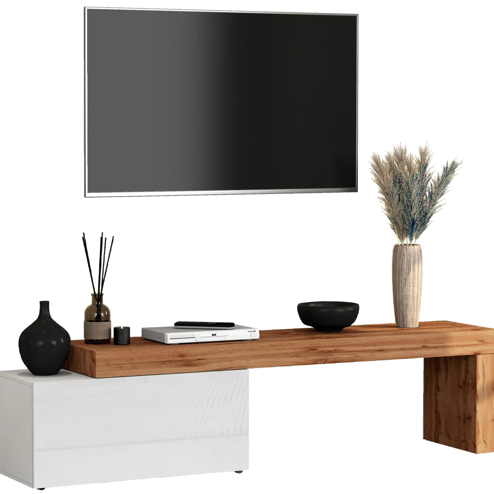 Garnero Arredamenti Mobile Tv Basso|Mobili Tv Moderni-Mobile porta tv 210x51h cm bianco lucido rovere Block Bianco Lucido - Rovere