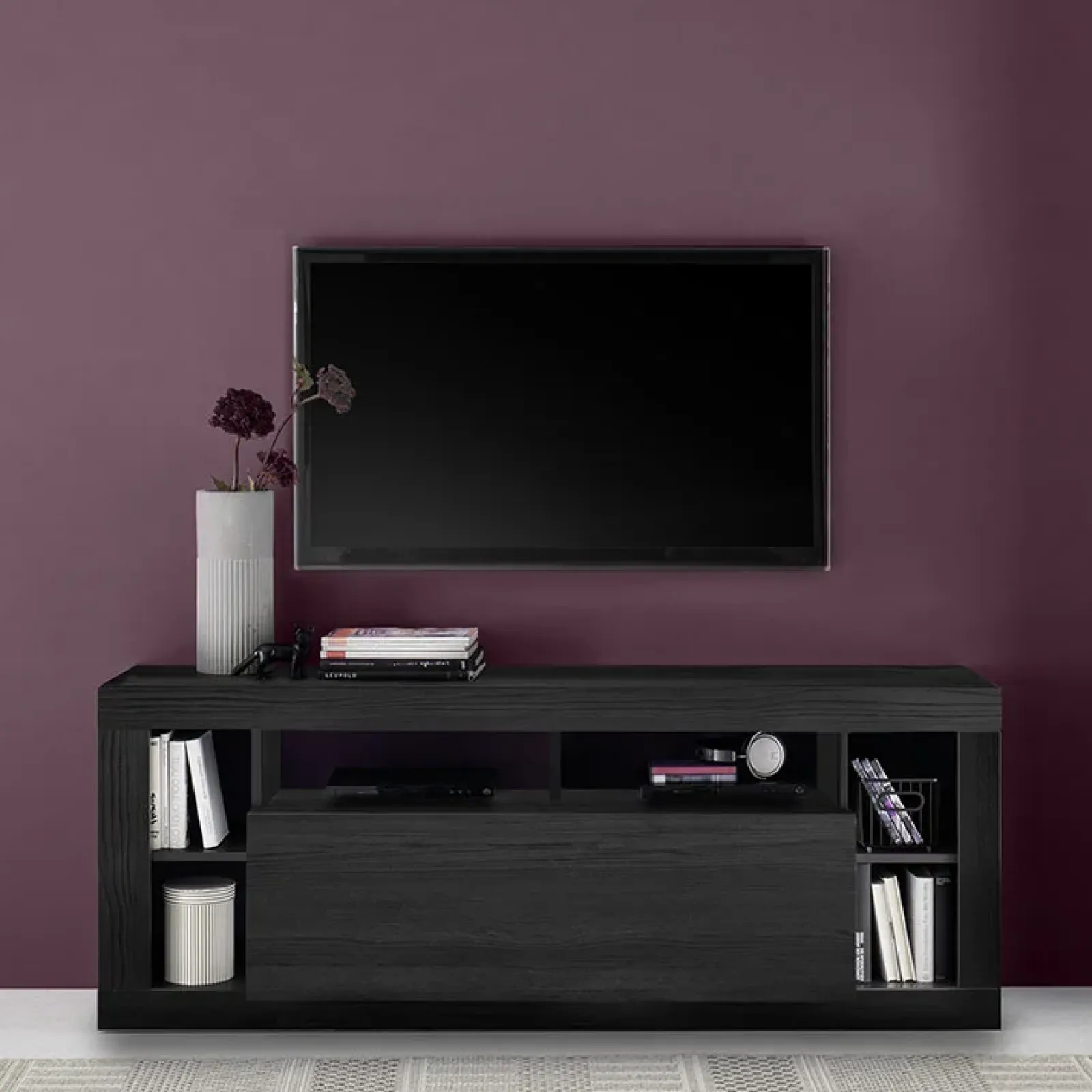 Garnero Arredamenti Mobile Tv Basso|Mobili Tv Moderni-Mobile porta TV 172x66h cm con ribalta Trilogy Nero Frassinato