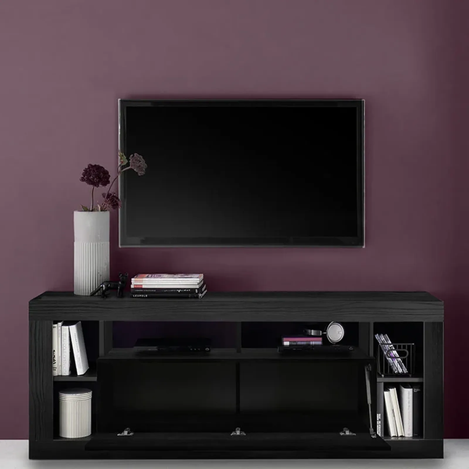 Garnero Arredamenti Mobile Tv Basso|Mobili Tv Moderni-Mobile porta TV 172x66h cm con ribalta Trilogy Nero Frassinato