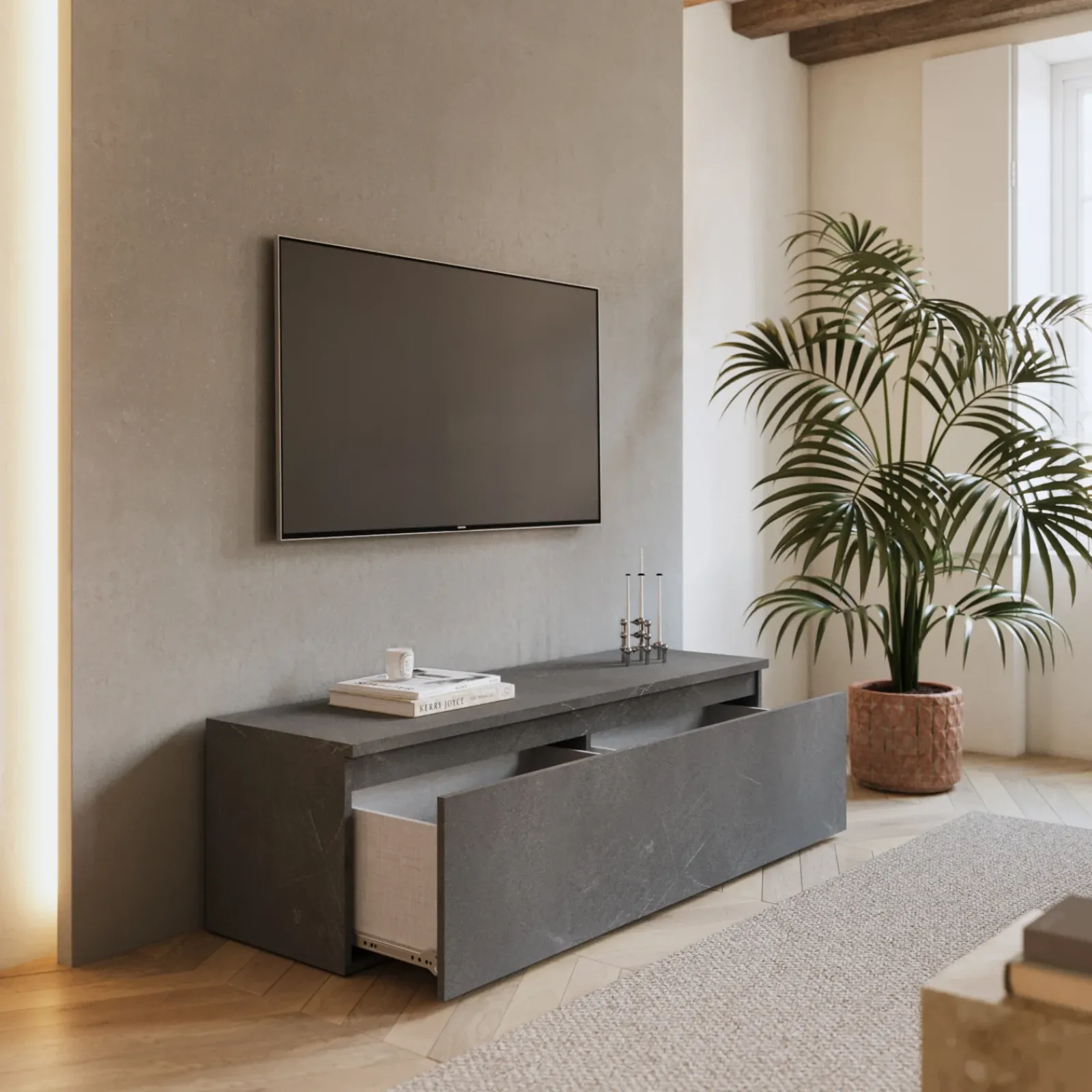 Garnero Arredamenti Mobile Tv In Legno|Mobile Tv Basso-Mobile porta TV 138x40h cm con cassettone Sunset Antracite
