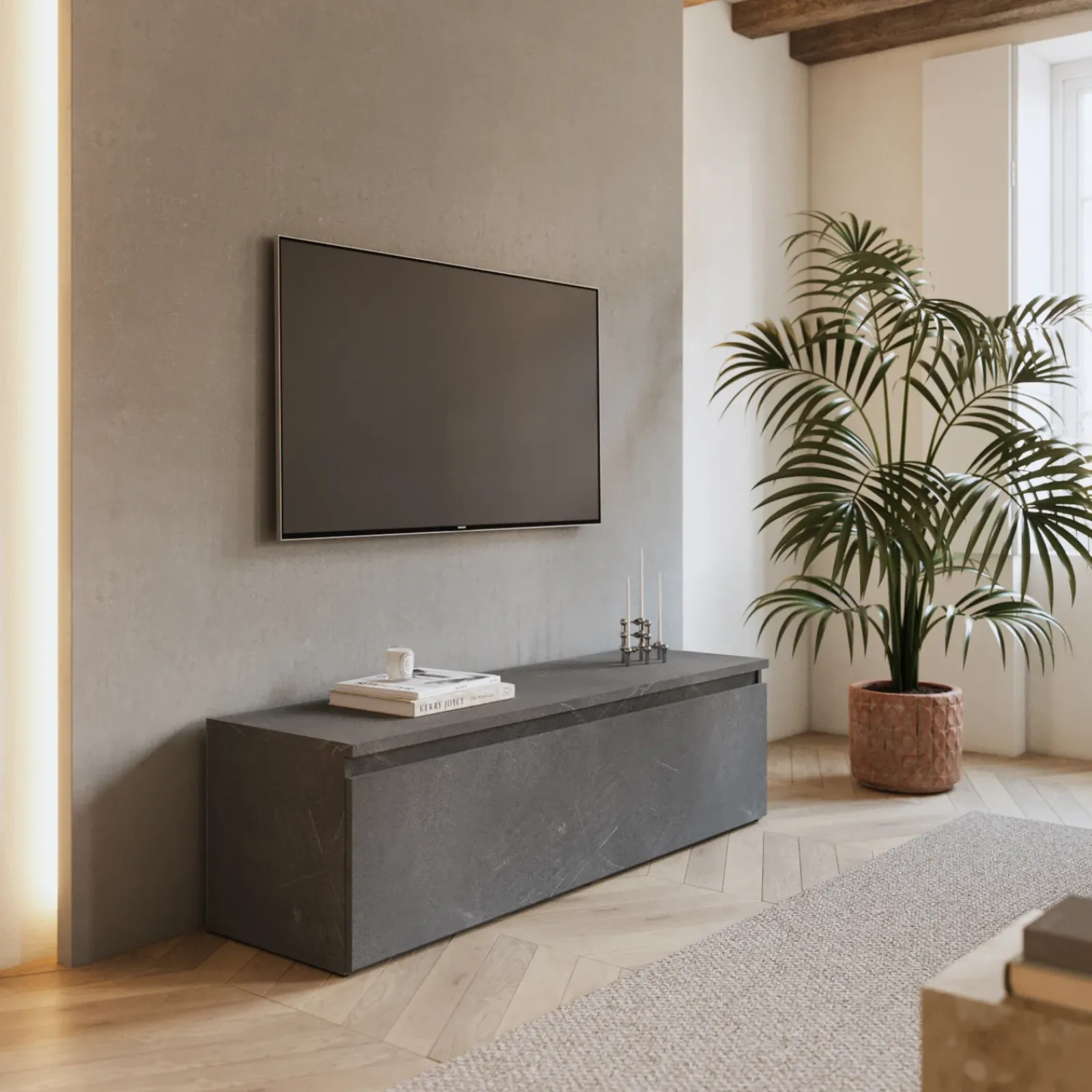 Garnero Arredamenti Mobile Tv In Legno|Mobile Tv Basso-Mobile porta TV 138x40h cm con cassettone Sunset Antracite