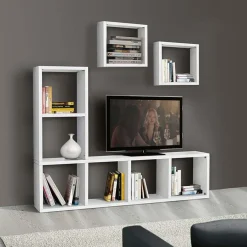 Garnero Arredamenti Librerie Ufficio|Librerie-Mobile porta tv 175x132h cm con libreria bianco frassinato Kubic 02