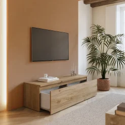 Garnero Arredamenti Mobile Tv In Legno|Mobile Tv Basso-Mobile porta TV 138x40h cm con cassettone chiaro Sunset Rovere