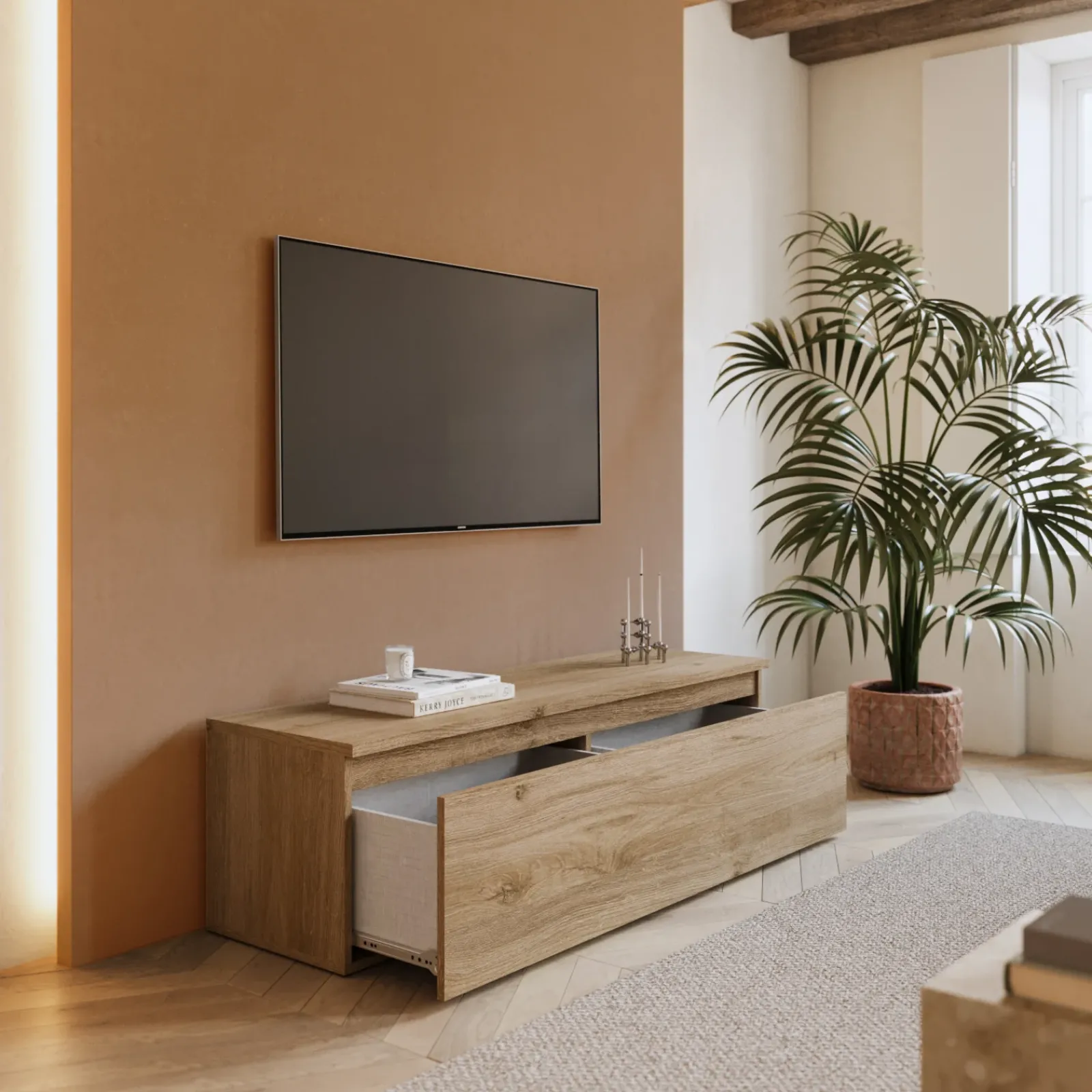 Garnero Arredamenti Mobile Tv In Legno|Mobile Tv Basso-Mobile porta TV 138x40h cm con cassettone chiaro Sunset Rovere