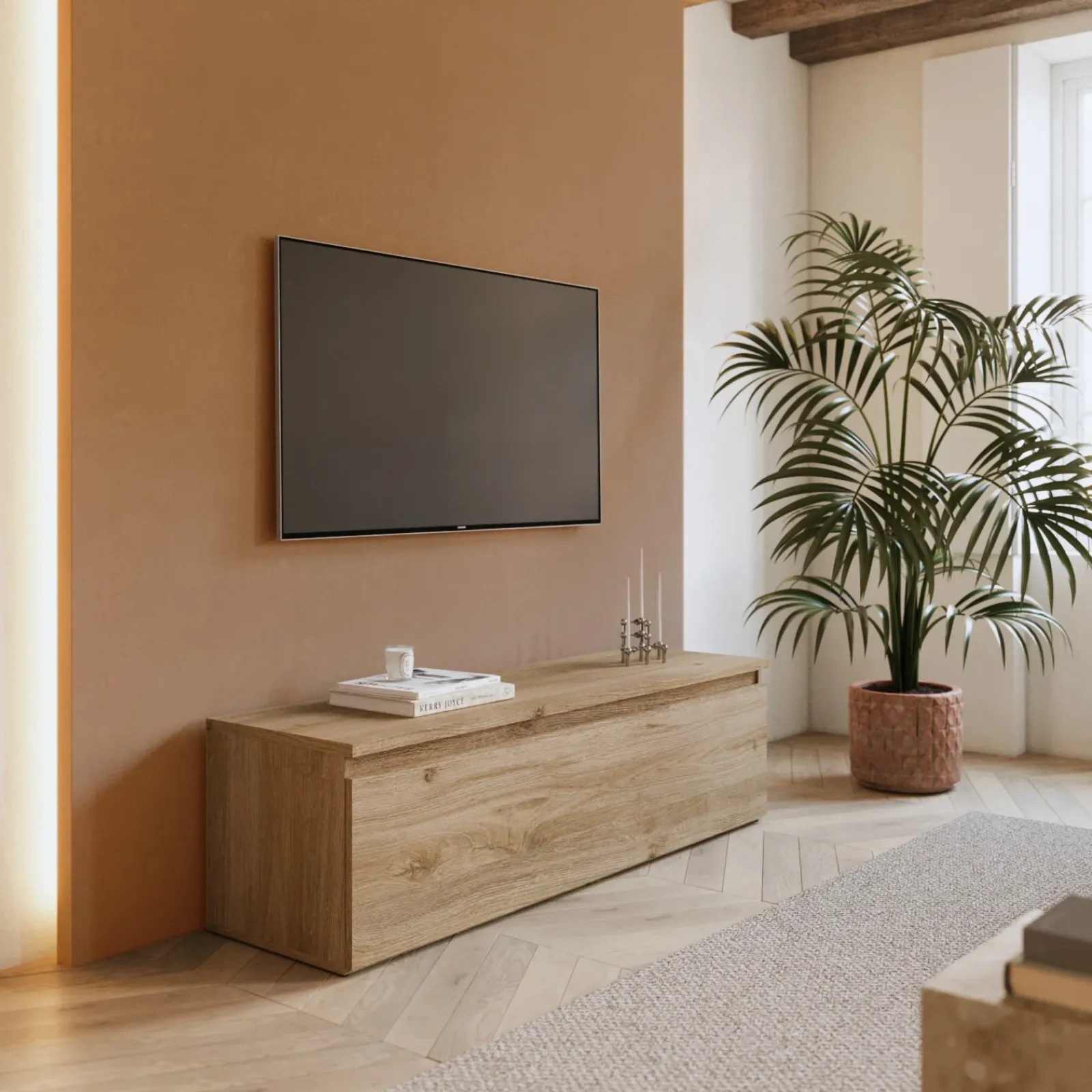 Garnero Arredamenti Mobile Tv In Legno|Mobile Tv Basso-Mobile porta TV 138x40h cm con cassettone chiaro Sunset Rovere