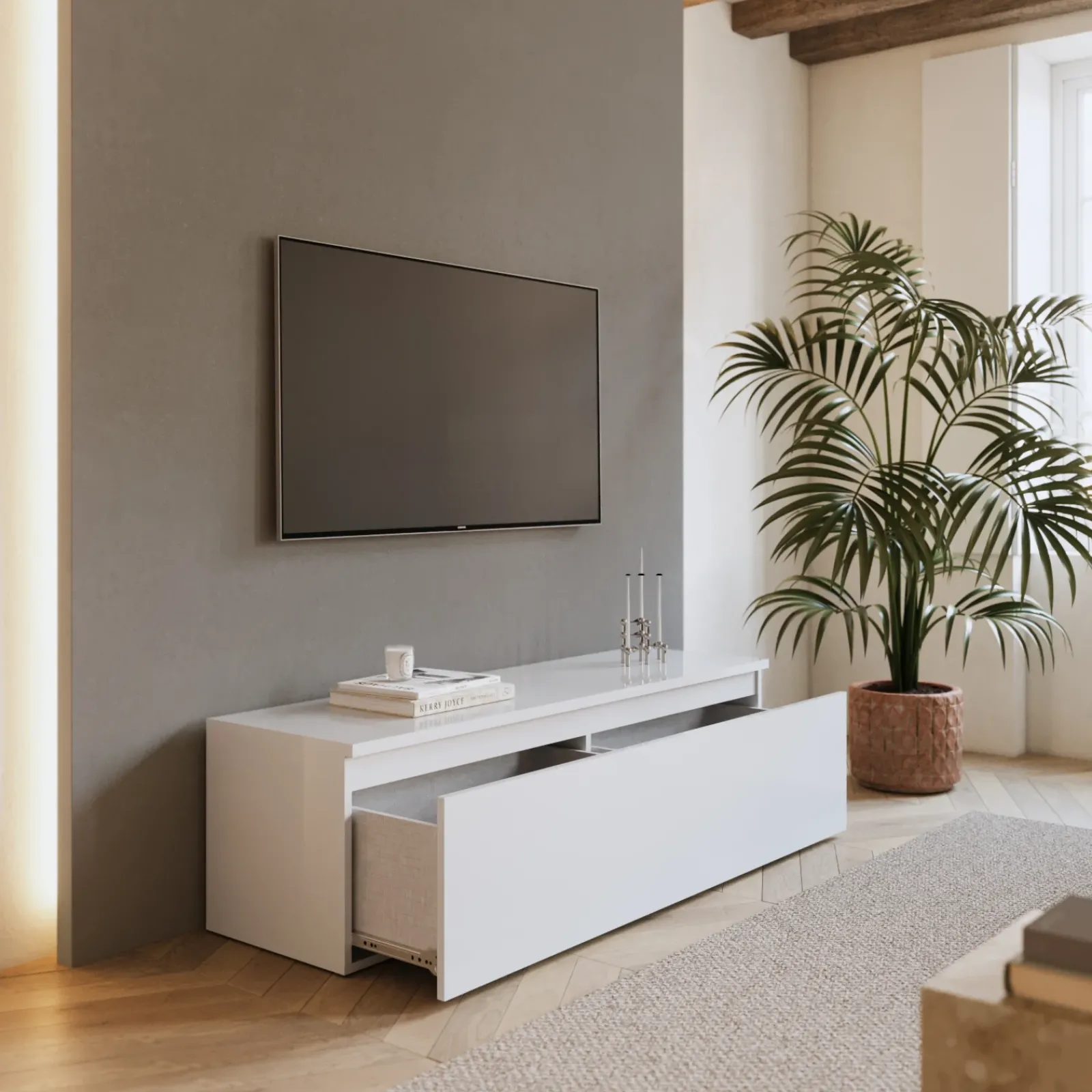 Garnero Arredamenti Mobile Tv In Legno|Mobile Tv Basso-Mobile porta TV 138x40h cm con cassettone Sunset Bianco Lucido