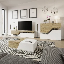 Garnero Arredamenti Mobile Tv Basso|Mobili Tv Moderni-Mobile porta TV 200x47h cm design moderno rovere bianco Modesta Bianco Opaco - Rovere