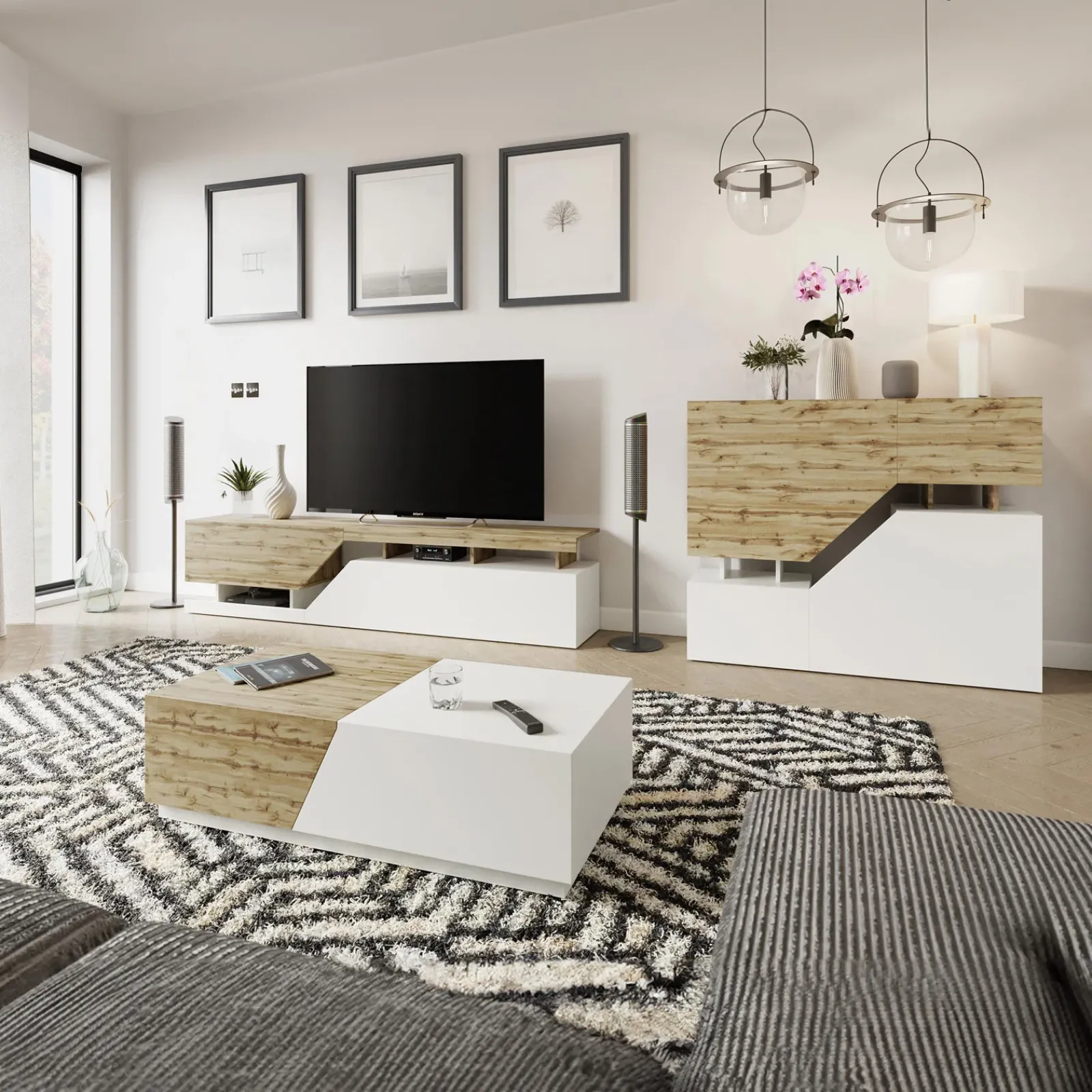 Garnero Arredamenti Mobile Tv Basso|Mobili Tv Moderni-Mobile porta TV 200x47h cm design moderno rovere bianco Modesta Bianco Opaco - Rovere